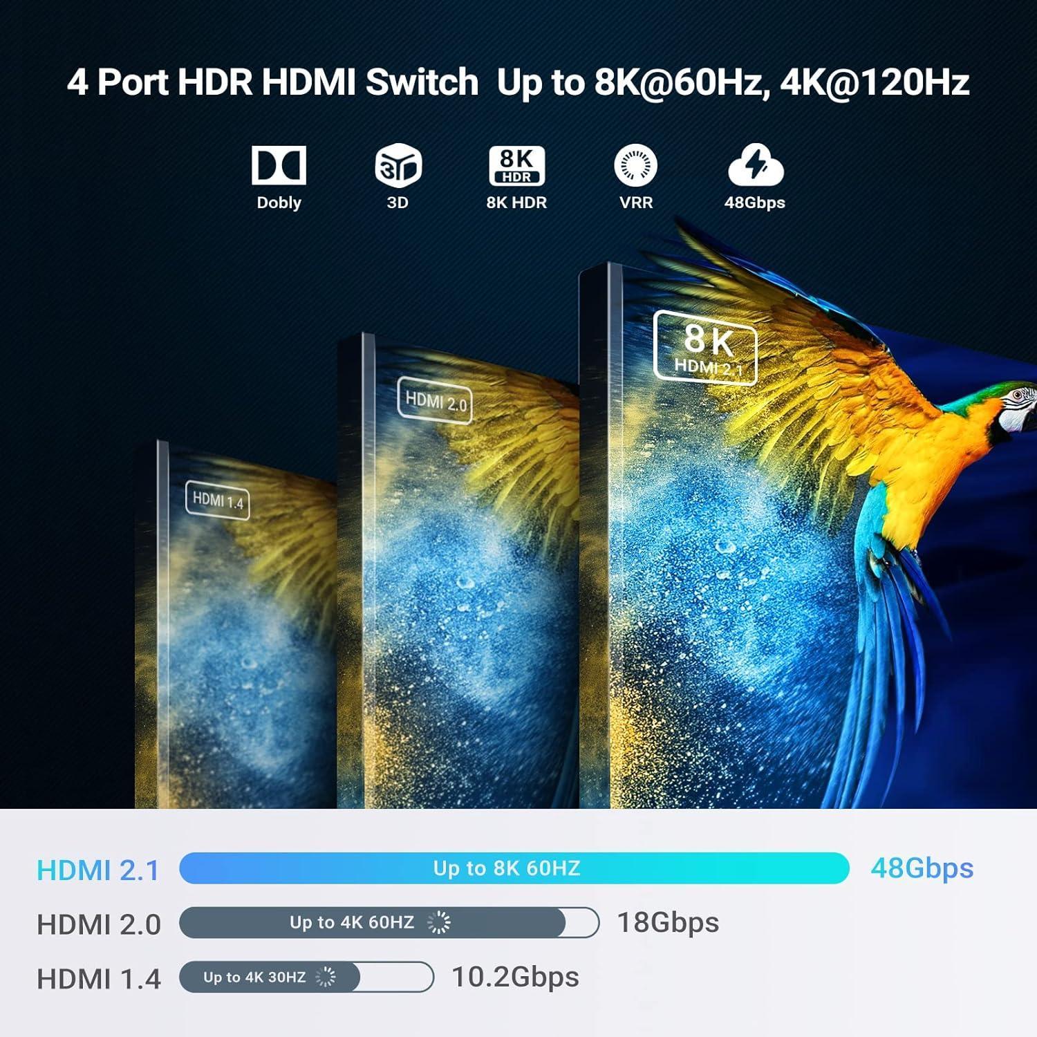 NÖRDIC 8K HDMI 2.1 eARC/ARC Switch og Extractor 4 til 1 Optisk SPDIF & Stereo CEC HDR Dolby Atmos, True HD, Digital Plus, DTS-HD Master