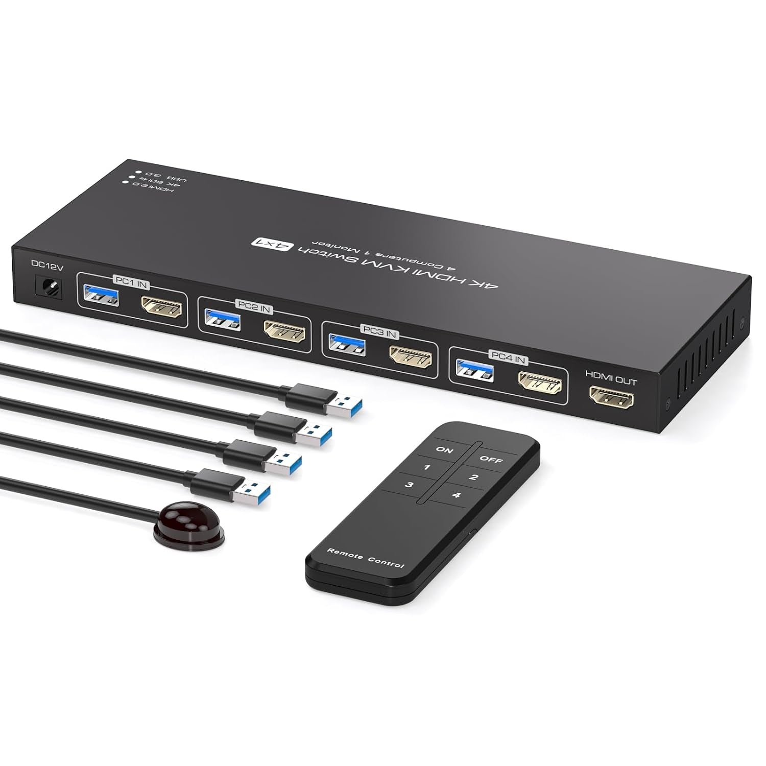 NÖRDIC HDMI 2.0 KVM-switch 4 til 1 EDID 4K60Hz, 4xUSB 3.0, 4 datamaskiner til 1 skjerm + 4xUSB 3.0-enheter, fjernkontroll