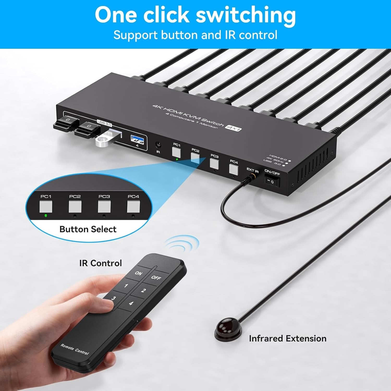 NÖRDIC HDMI 2.0 KVM-switch 4 til 1 EDID 4K60Hz, 4xUSB 3.0, 4 datamaskiner til 1 skjerm + 4xUSB 3.0-enheter, fjernkontroll