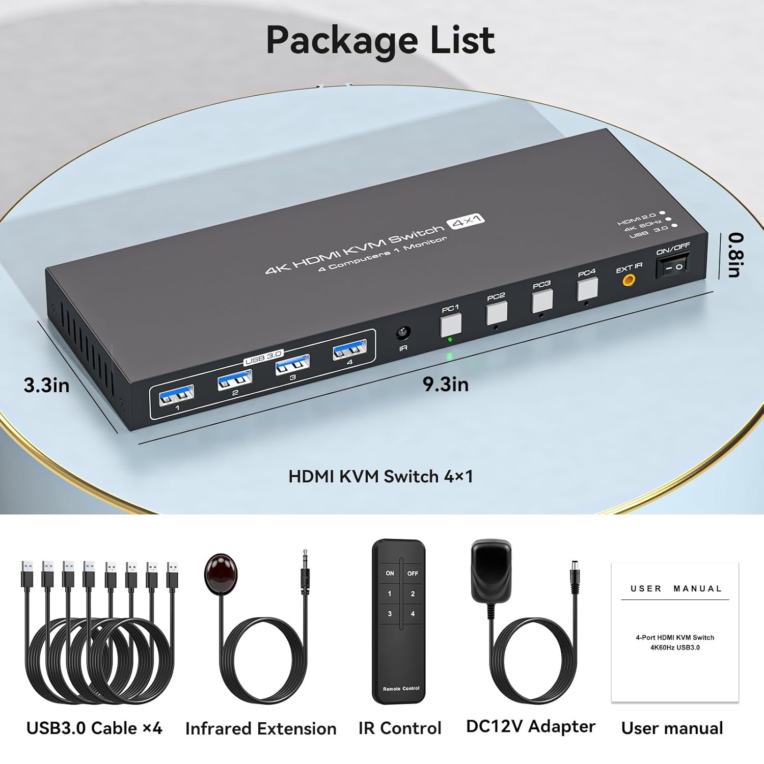NÖRDIC HDMI 2.0 KVM-switch 4 til 1 EDID 4K60Hz, 4xUSB 3.0, 4 datamaskiner til 1 skjerm + 4xUSB 3.0-enheter, fjernkontroll