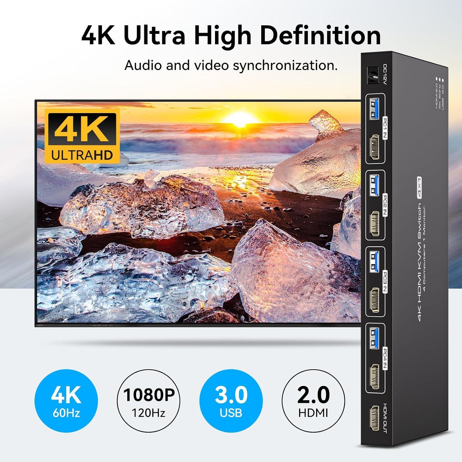 NÖRDIC HDMI 2.0 KVM-switch 4 til 1 EDID 4K60Hz, 4xUSB 3.0, 4 datamaskiner til 1 skjerm + 4xUSB 3.0-enheter, fjernkontroll