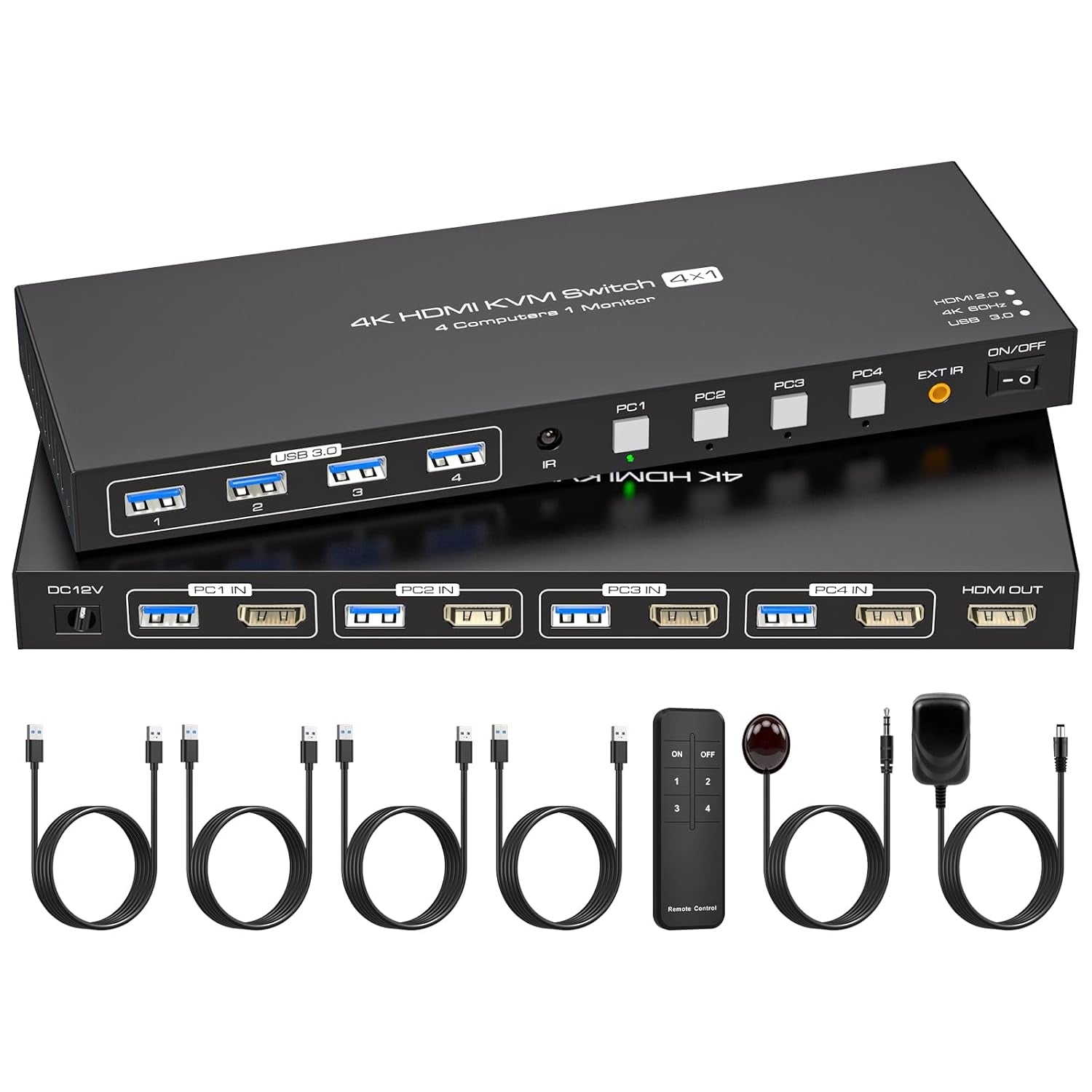 NÖRDIC HDMI KVM-bryter 4 datamaskiner 1 skjerm 4K 60Hz 1080p 120Hz 4xUSB-enheter