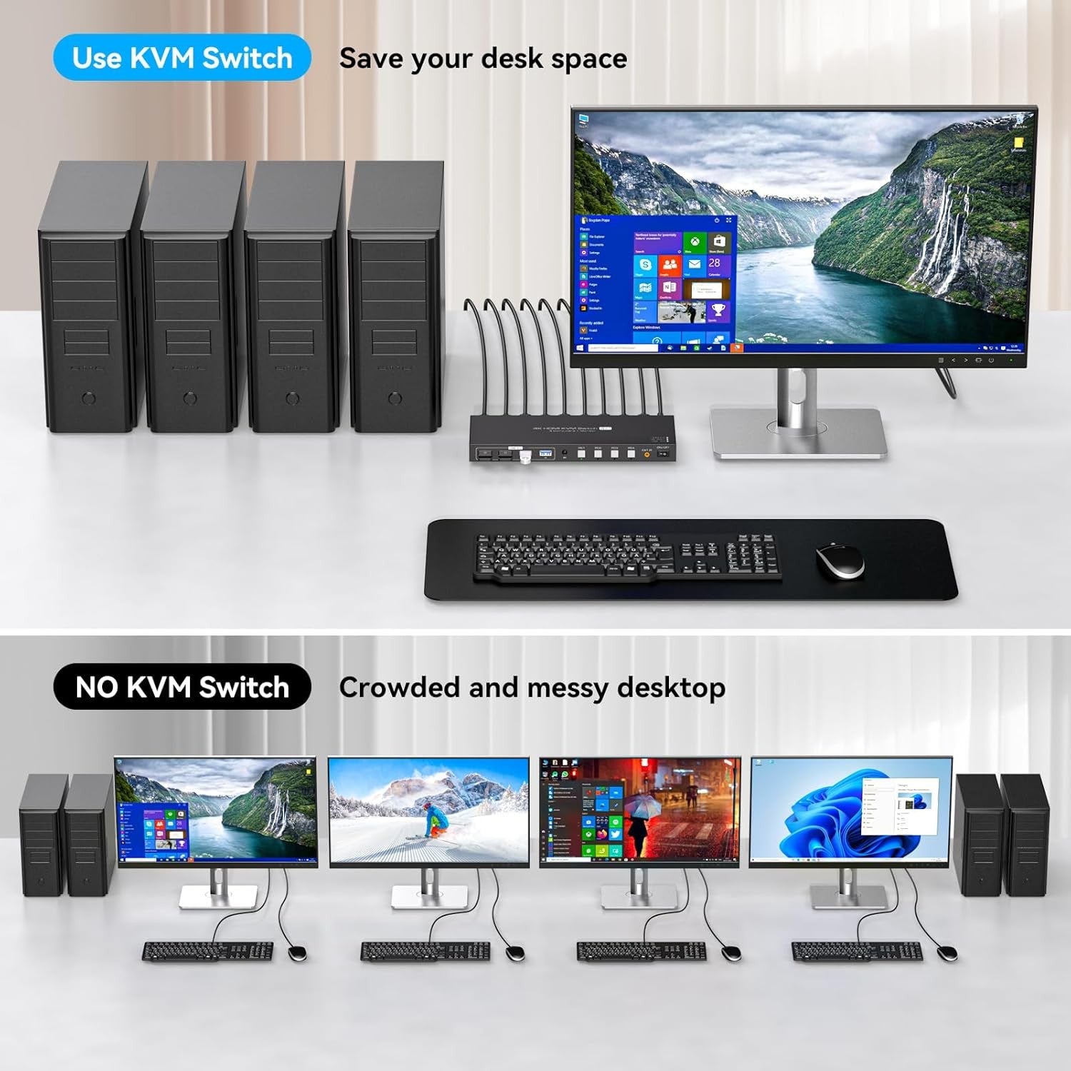 NÖRDIC HDMI KVM-bryter 4 datamaskiner 1 skjerm 4K 60Hz 1080p 120Hz 4xUSB-enheter
