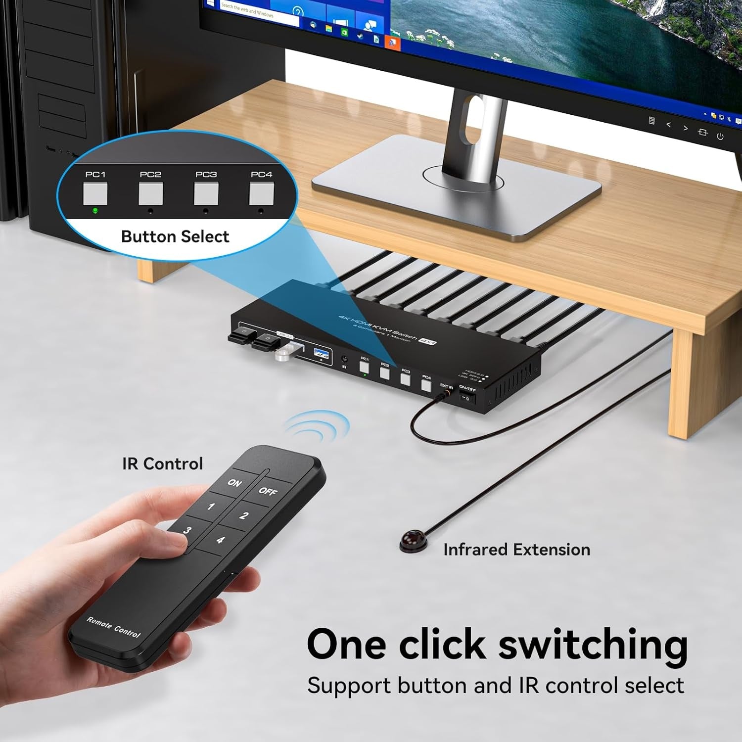 NÖRDIC HDMI KVM-bryter 4 datamaskiner 1 skjerm 4K 60Hz 1080p 120Hz 4xUSB-enheter