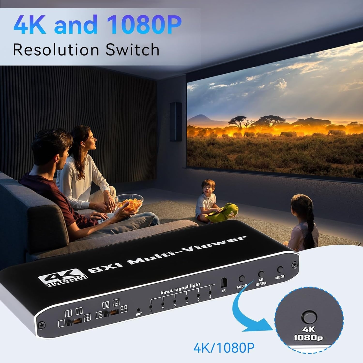 NÖRDIC HDMI Multi-Viewer 6 in 1 Out Sømløs Switcher 1080P HDMI HUB-switch for flere innganger, splitter for flere skjermer