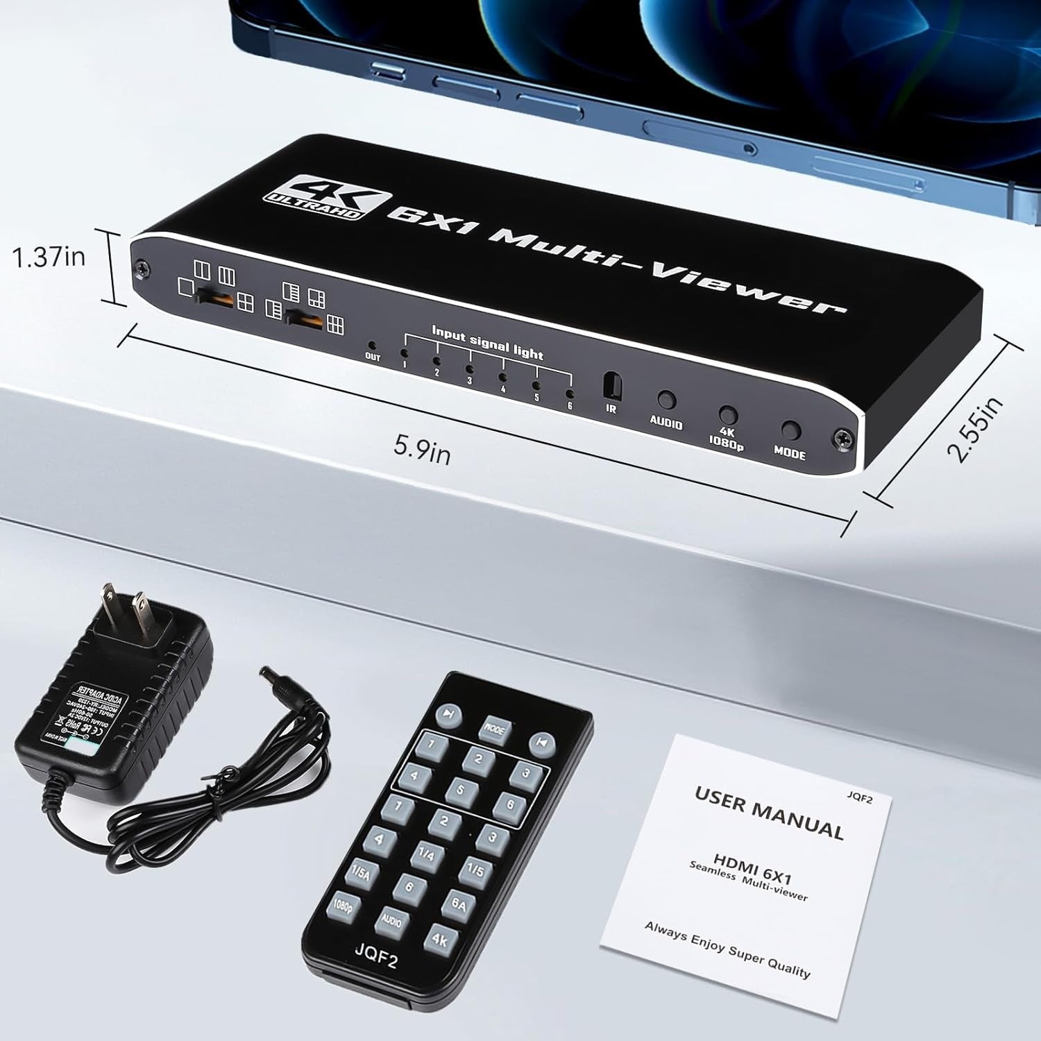 NÖRDIC HDMI Multi-Viewer 6 in 1 Out Sømløs Switcher 1080P HDMI HUB-switch for flere innganger, splitter for flere skjermer