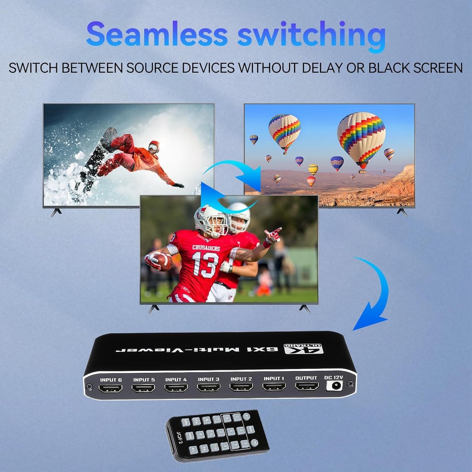 NÖRDIC HDMI Multi-Viewer 6 in 1 Out Sømløs Switcher 1080P HDMI HUB-switch for flere innganger, splitter for flere skjermer