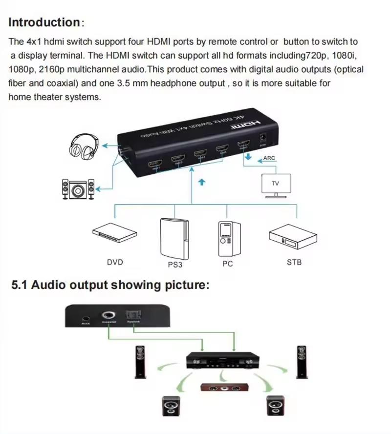 NÖRDIC HDMI Switch 4 til 1 Ultra HD 4K60Hz 4: 4: 4 HDCP2: 2 HD10 SPDIF og Stereo Dolby DTS HD PS3 / 4/5, Xbox, Chromecast, Nintendo Switch