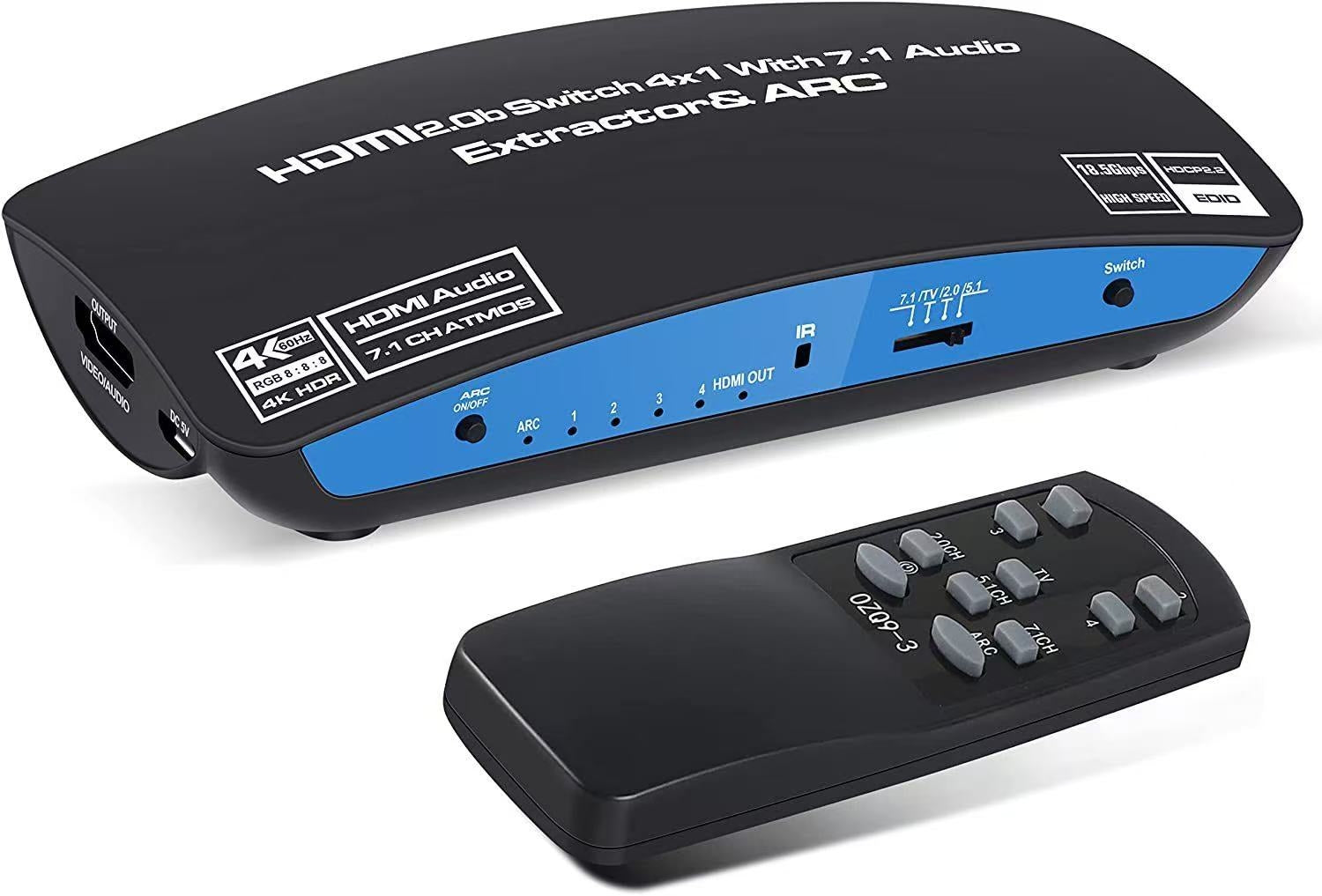 NÖRDIC HDMI Switch 4 til 1 med 7.1 lydekstraktor ARC SPDIF stereo 3,5 mm lyd 4K60hz EDID HDCP2.2 3D HDR10 18Gbps