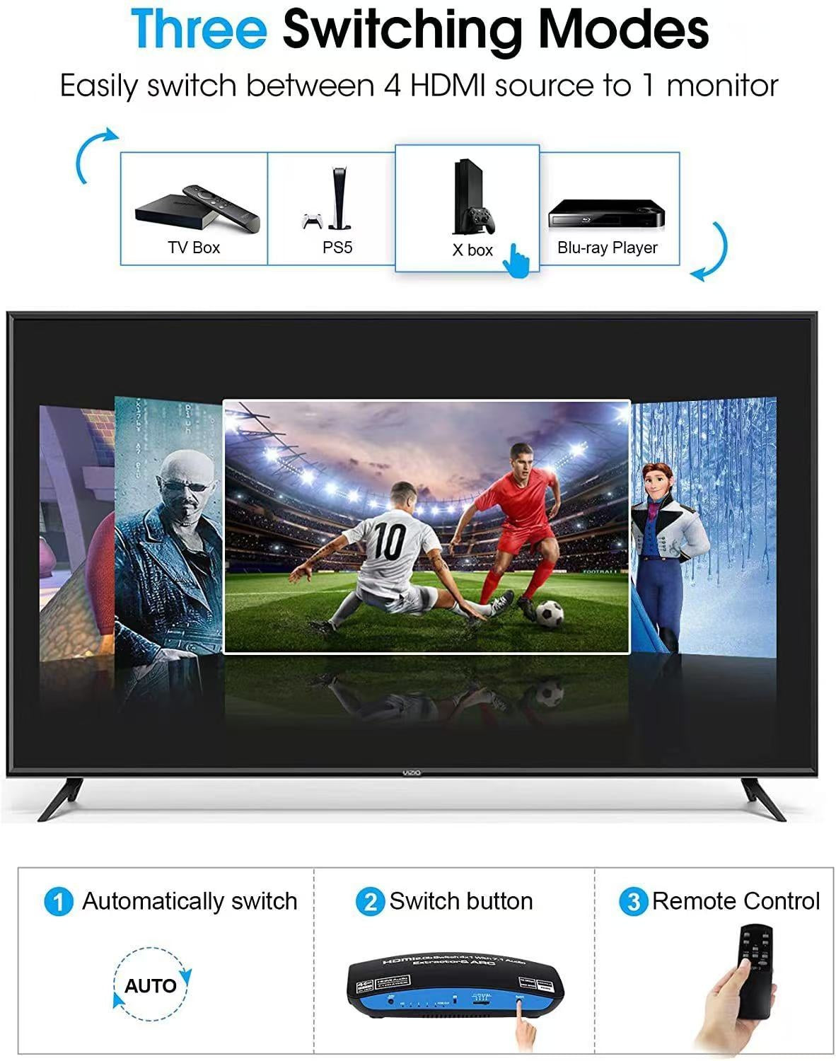 NÖRDIC HDMI Switch 4 til 1 med 7.1 lydekstraktor ARC SPDIF stereo 3,5 mm lyd 4K60hz EDID HDCP2.2 3D HDR10 18Gbps