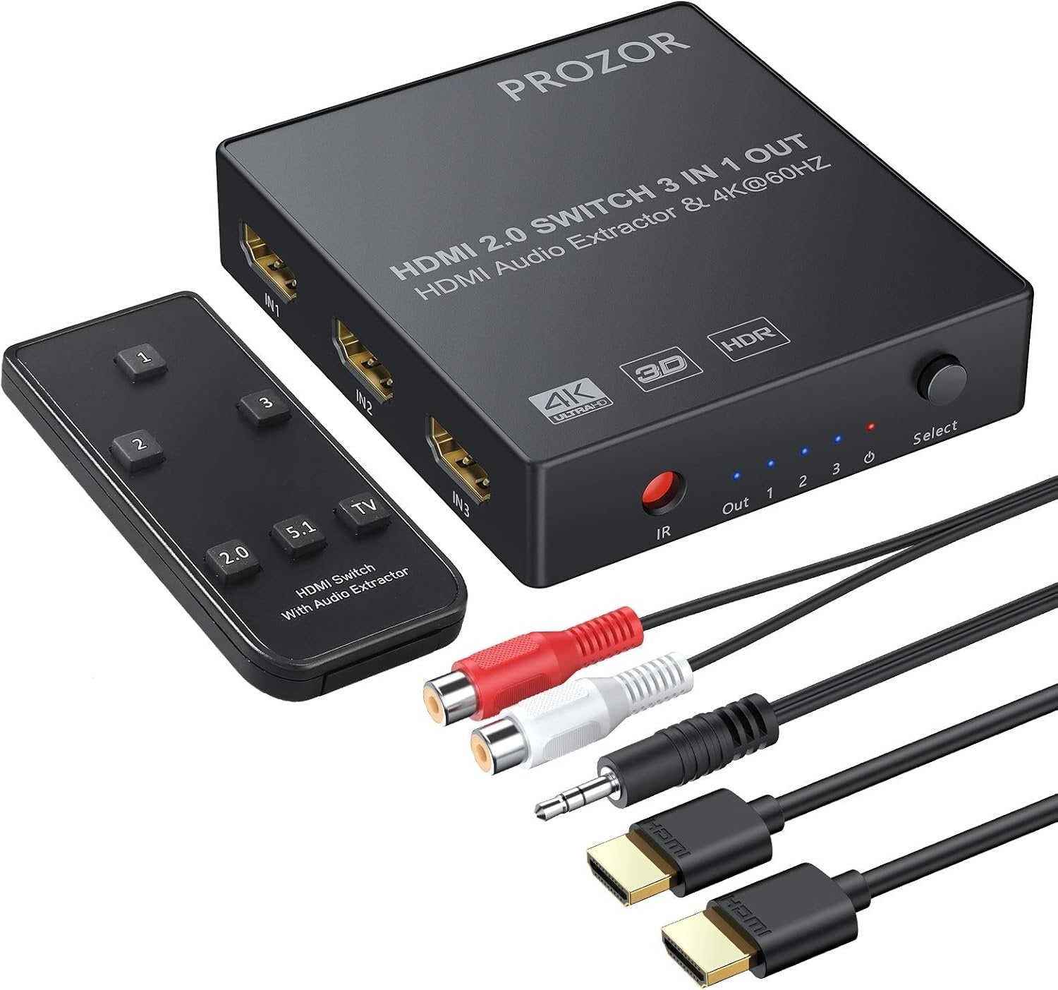 NÖRDIC HDMI-svitsj 3 til 1 4K30Hz 3D PIP med lydavtrekk 1xOptisk toslink 1x stereo 3,5mm