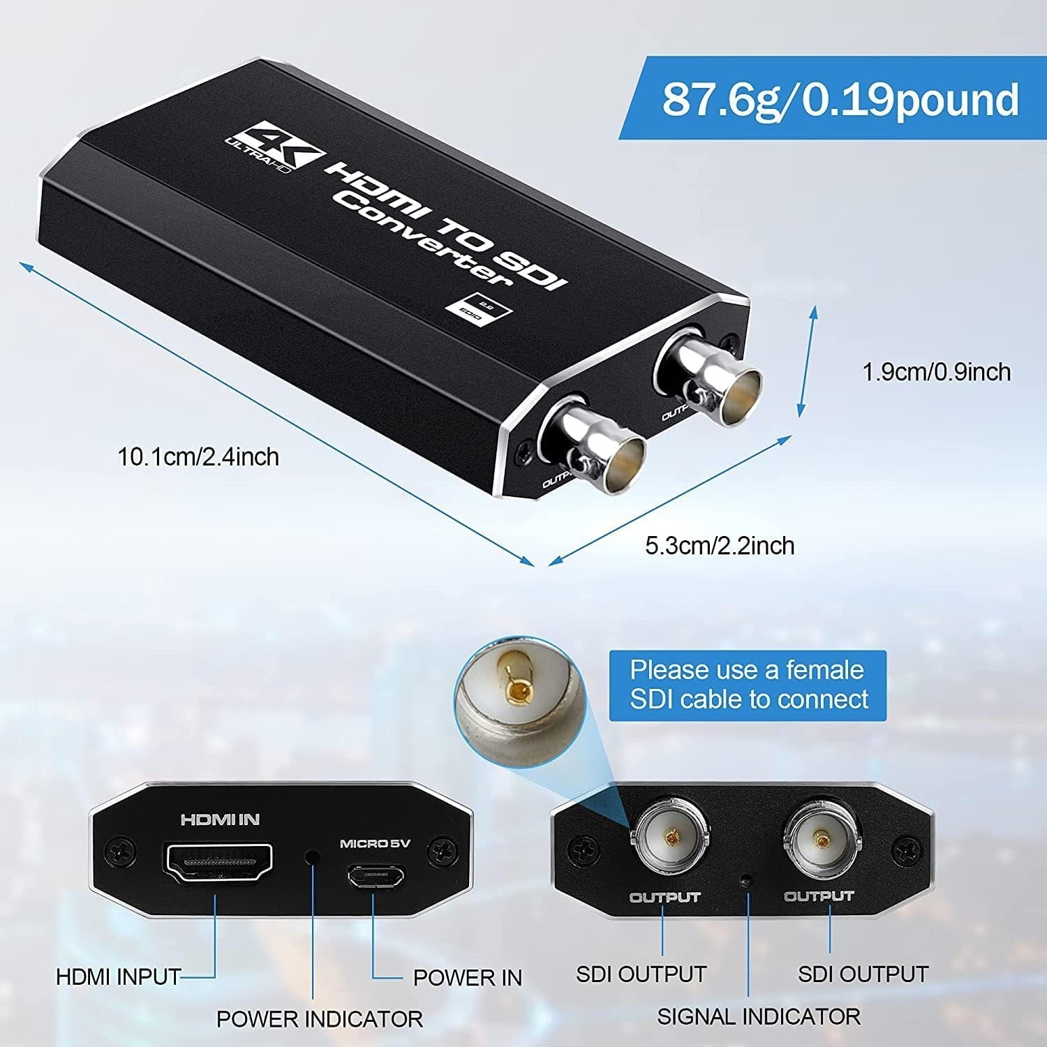 NÖRDIC HDMI til SDI-konverter 1080P HD-SDI Automatisk formatgjenkjenning Extender for kamera CCTV