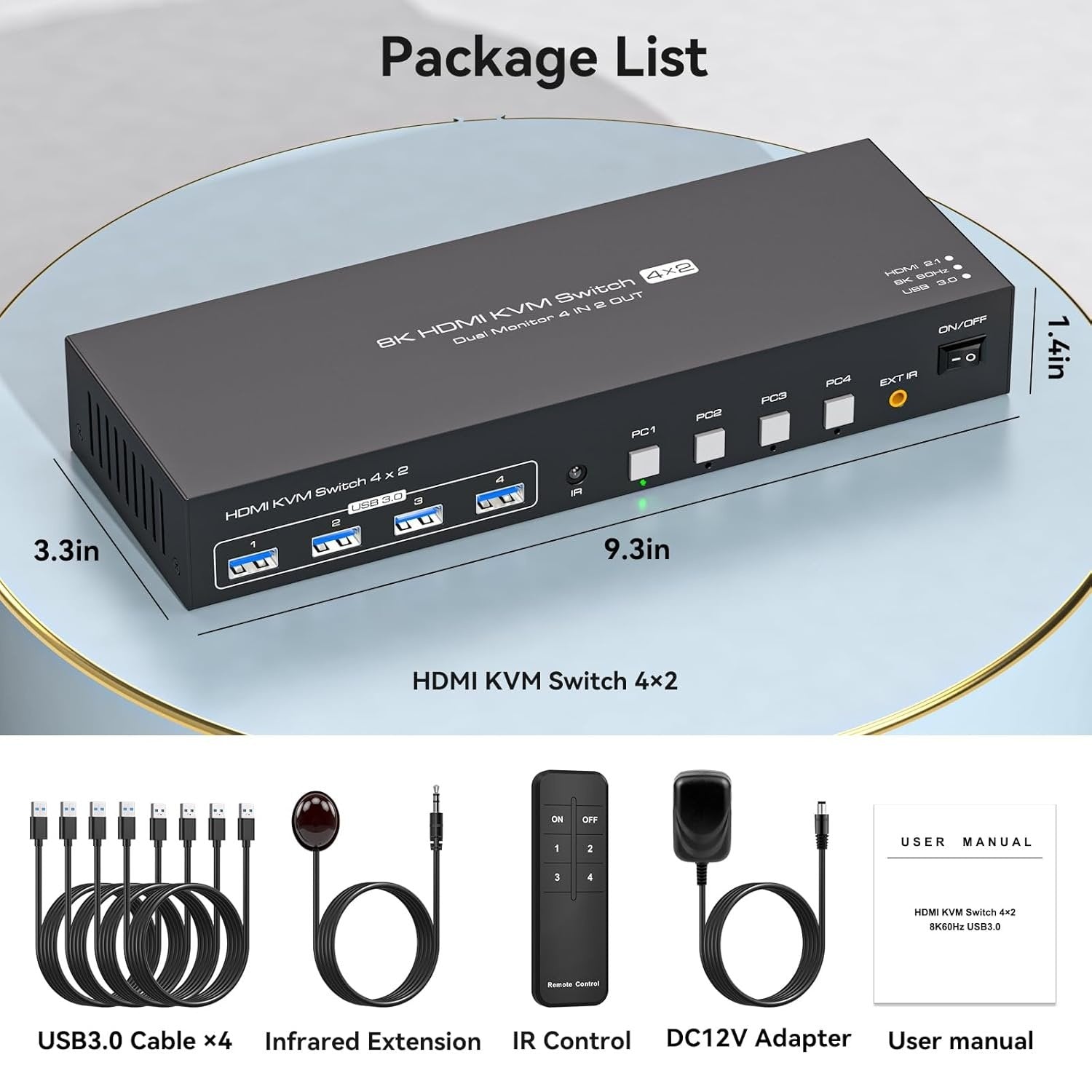 NÖRDIC KVM 4x2 HDMI 2.1 Switch 4PC til Dobbelt Skjerm HDMI 8K60Hz med 1x3.5mm og 4xUSB-A