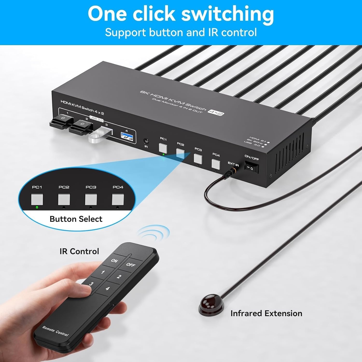 NÖRDIC KVM 4x2 HDMI 2.1 Switch 4PC til Dobbelt Skjerm HDMI 8K60Hz med 1x3.5mm og 4xUSB-A