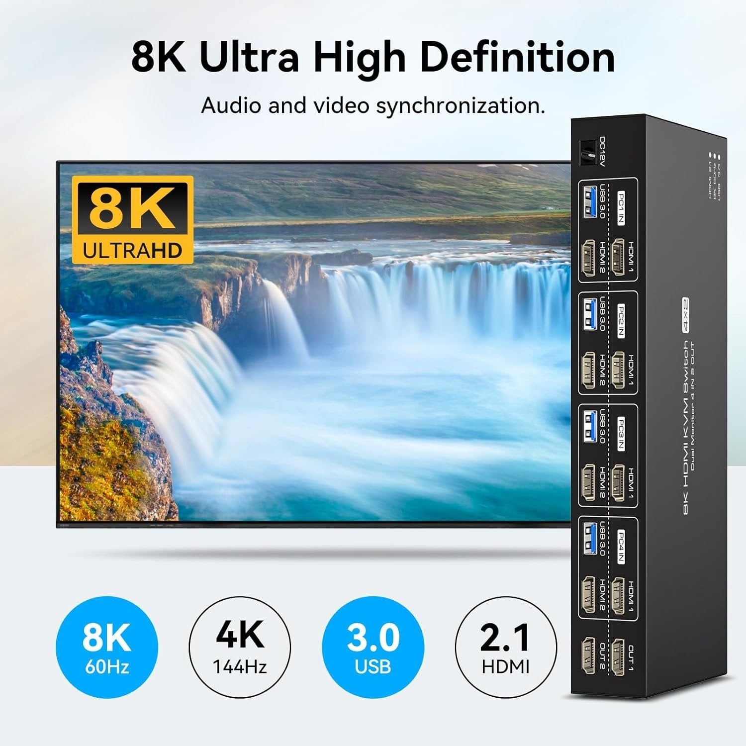 NÖRDIC KVM 4x2 HDMI 2.1 Switch 4PC til Dobbelt Skjerm HDMI 8K60Hz med 1x3.5mm og 4xUSB-A