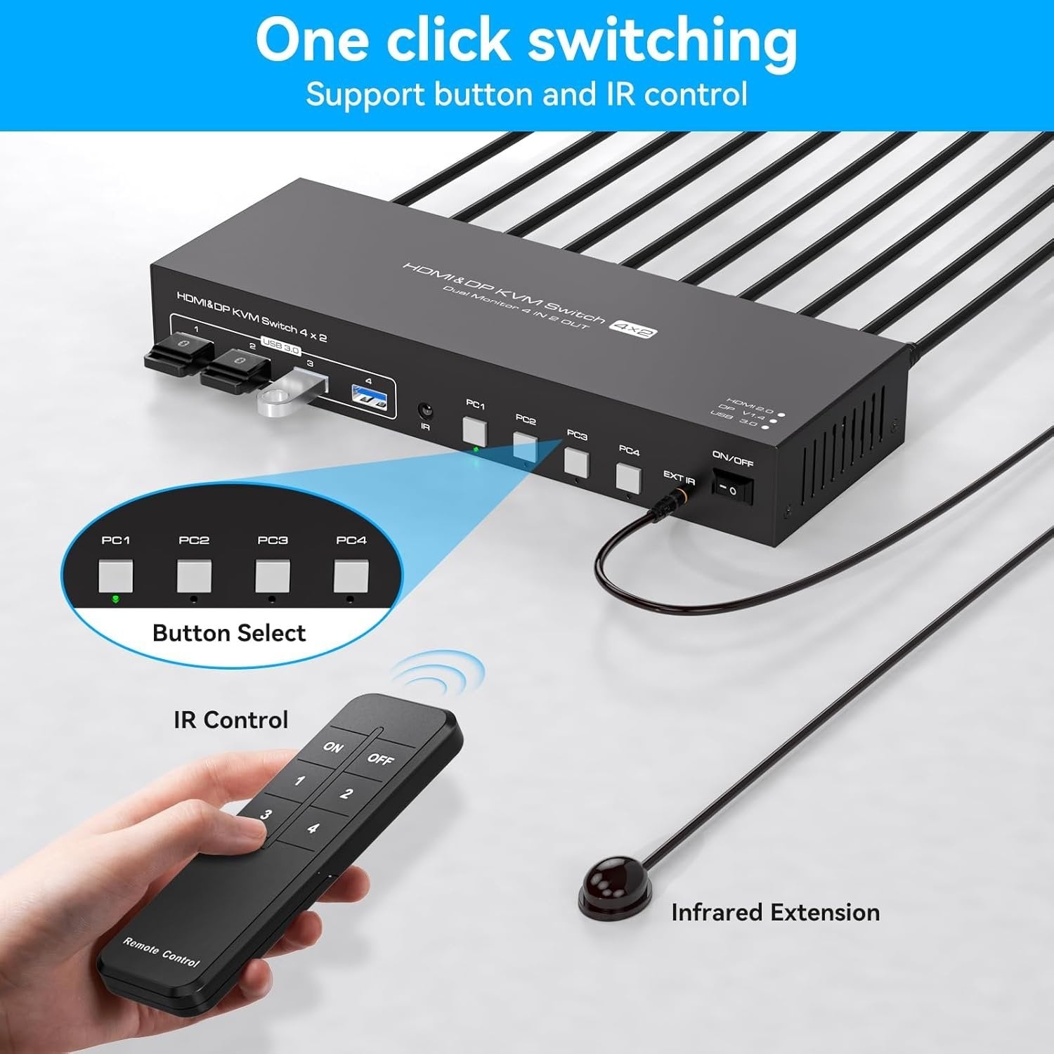 NÖRDIC KVM 4x2 Switch 4PC til Dobbel Skjerm HDMI & DP 8K60Hz med 1x3.5mm og 4xUSB-A
