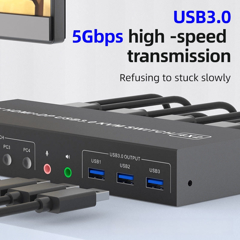 NÖRDIC KVM 4x2-svitsj 4PC til dobbel skjerm HDMI og DP 4K60Hz med 2x3,5mm og 3xUSB-A