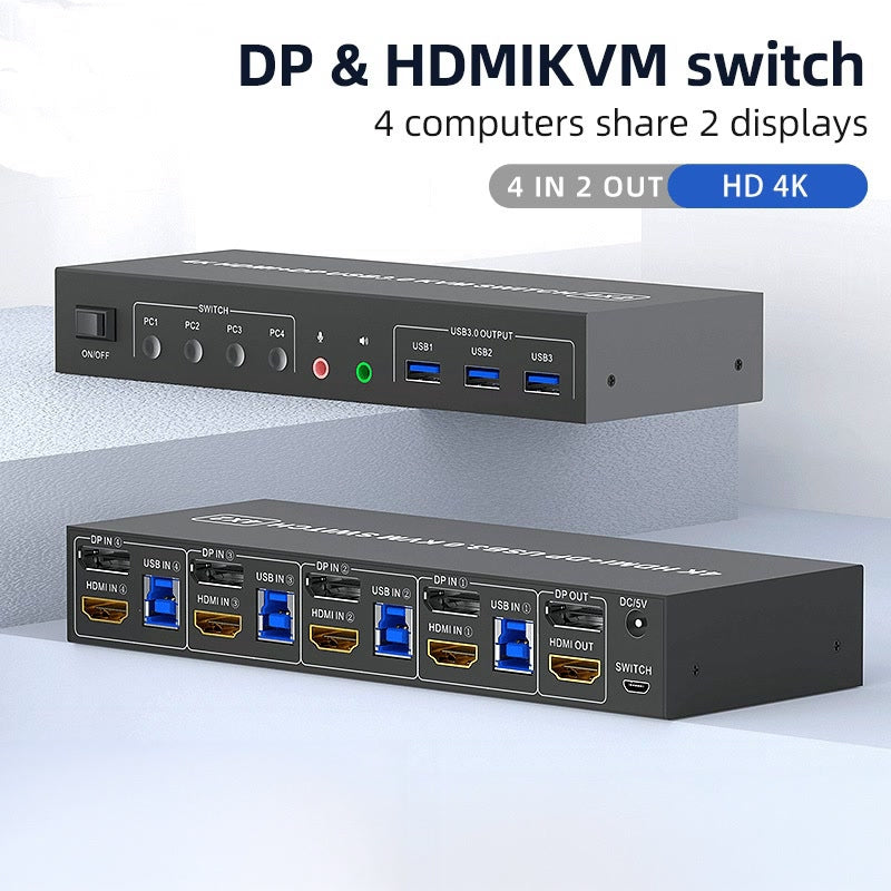 NÖRDIC KVM 4x2-svitsj 4PC til dobbel skjerm HDMI og DP 4K60Hz med 2x3,5mm og 3xUSB-A
