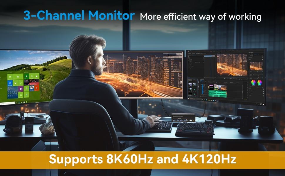 NÖRDIC KVM-switch 2 PC 3 skjermer 8K60Hz 4K144Hz Trippel skjerm 2xDP 1xHDMI 4xUSB 3.0 porter