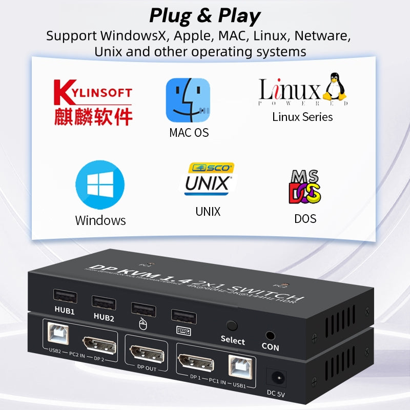 NÖRDIC KVM Switch 2 PC til 1 DisplayPort 1.2 4K60Hz og 4x USB-port HDCP 2.2