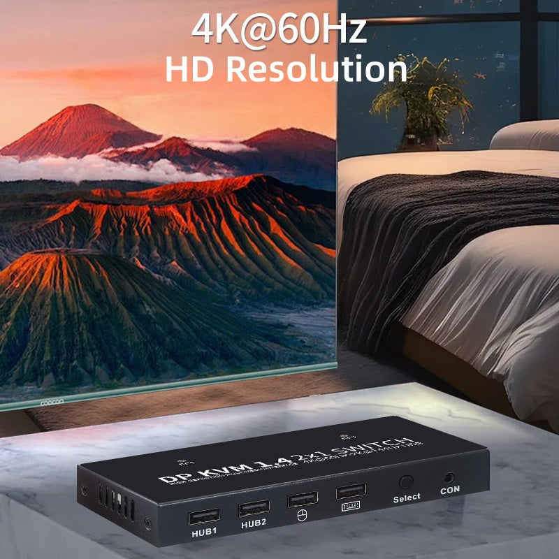 NÖRDIC KVM Switch 2 PC til 1 DisplayPort 1.2 4K60Hz og 4x USB-port HDCP 2.2