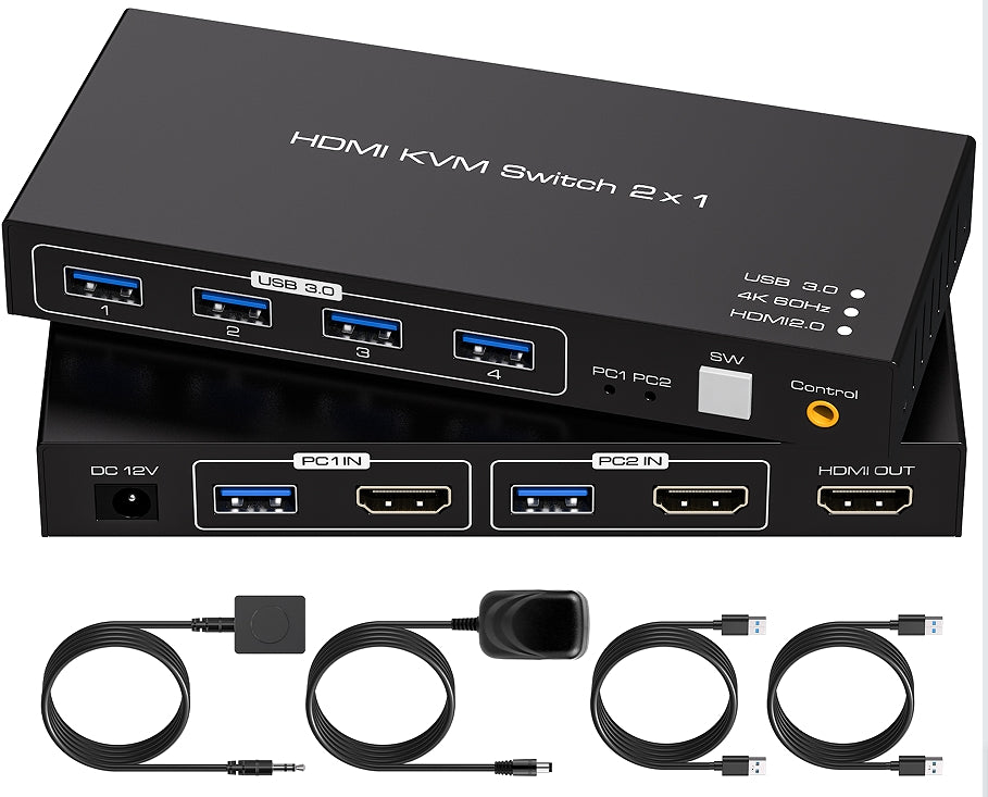 NÖRDIC KVM-switch 2 til 1 HDMI 2.0 4K60Hz for PC, Xbox, PS5 og bærbar PC med 4×USB 3.0-porter