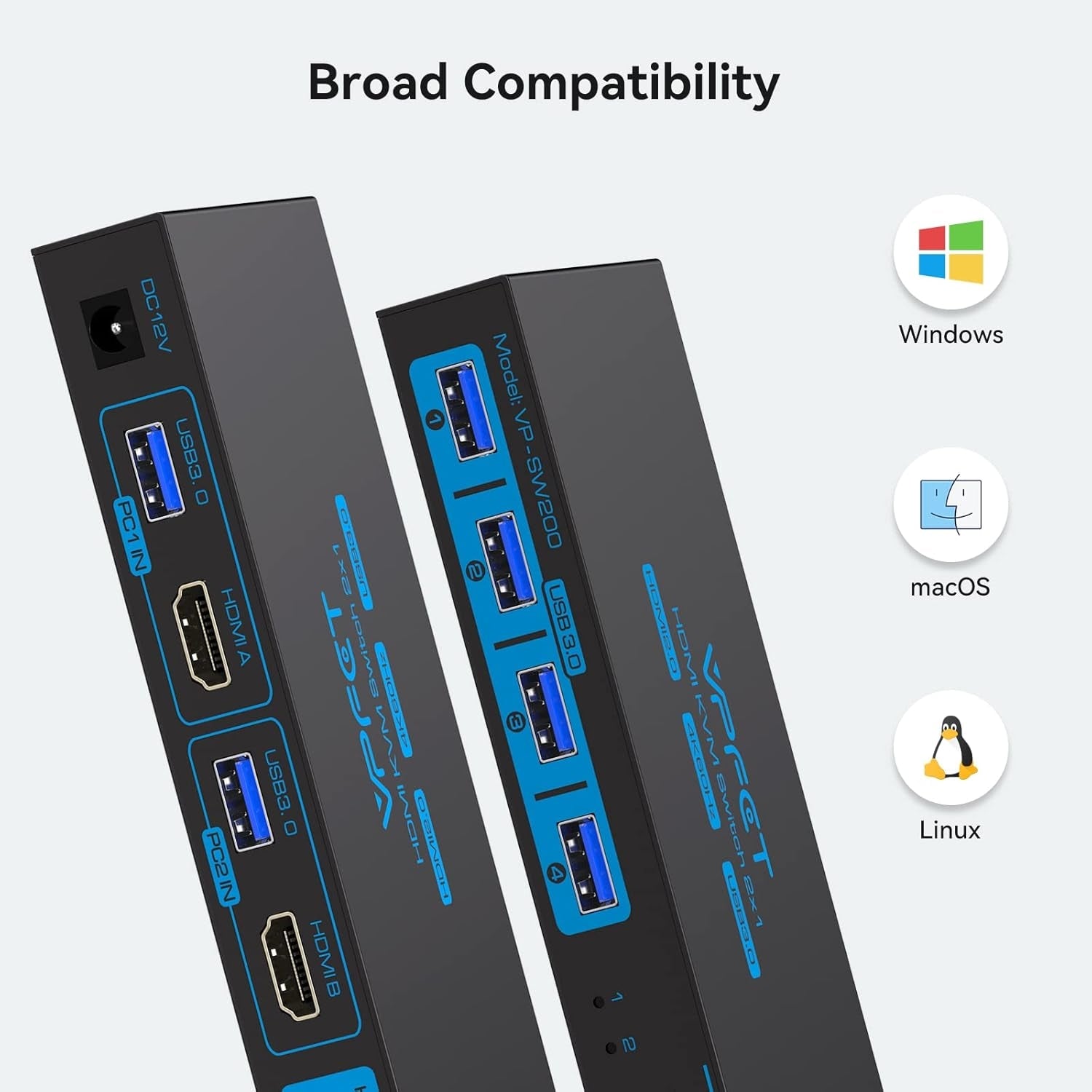 NÖRDIC KVM-switch 2 til 1 HDMI 2.0 4K60Hz for PC, Xbox, PS5 og bærbar PC med 4×USB 3.0-porter