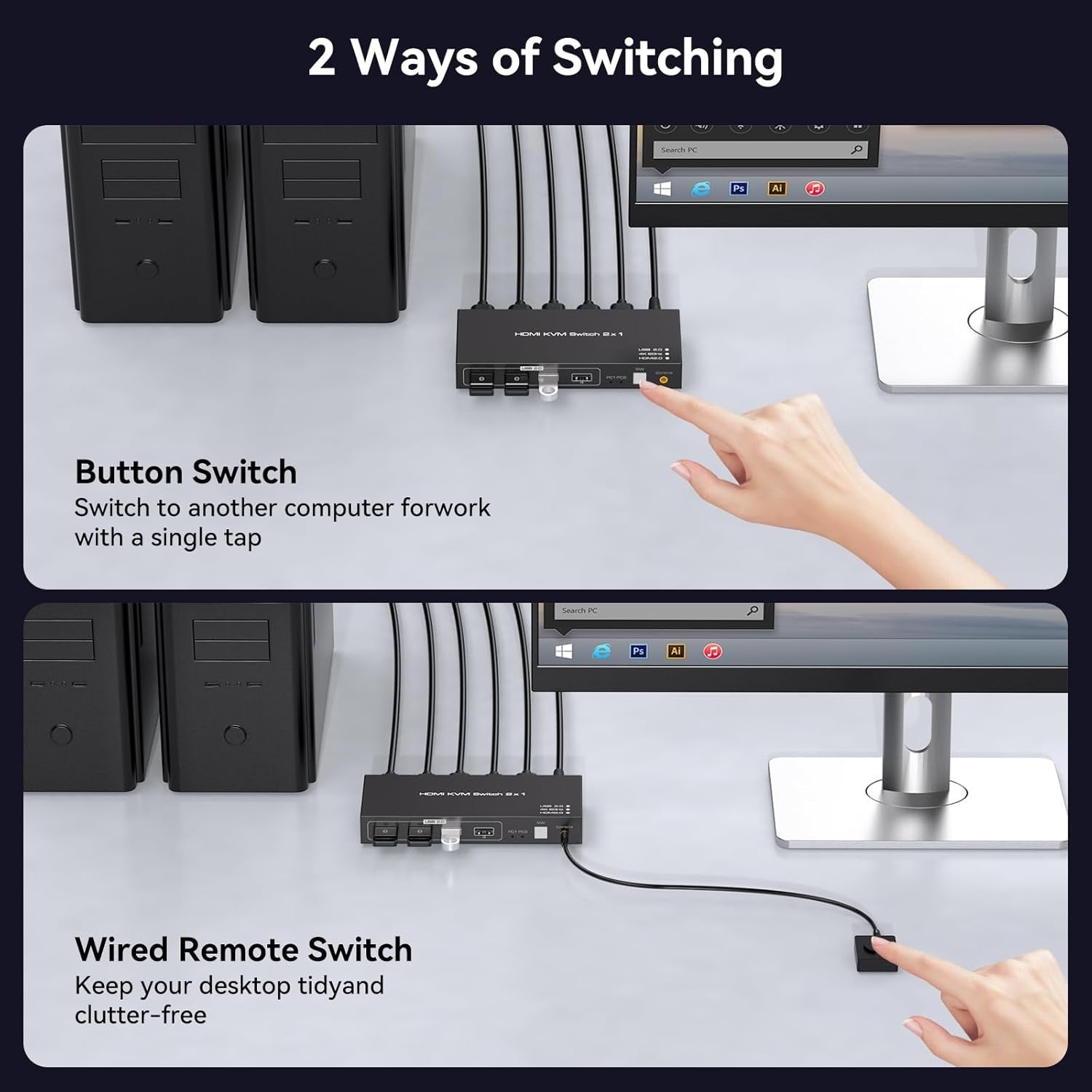 NÖRDIC KVM-switch 2 til 1 HDMI 2.0 4K60Hz for PC, Xbox, PS5 og bærbar PC med 4×USB 3.0-porter