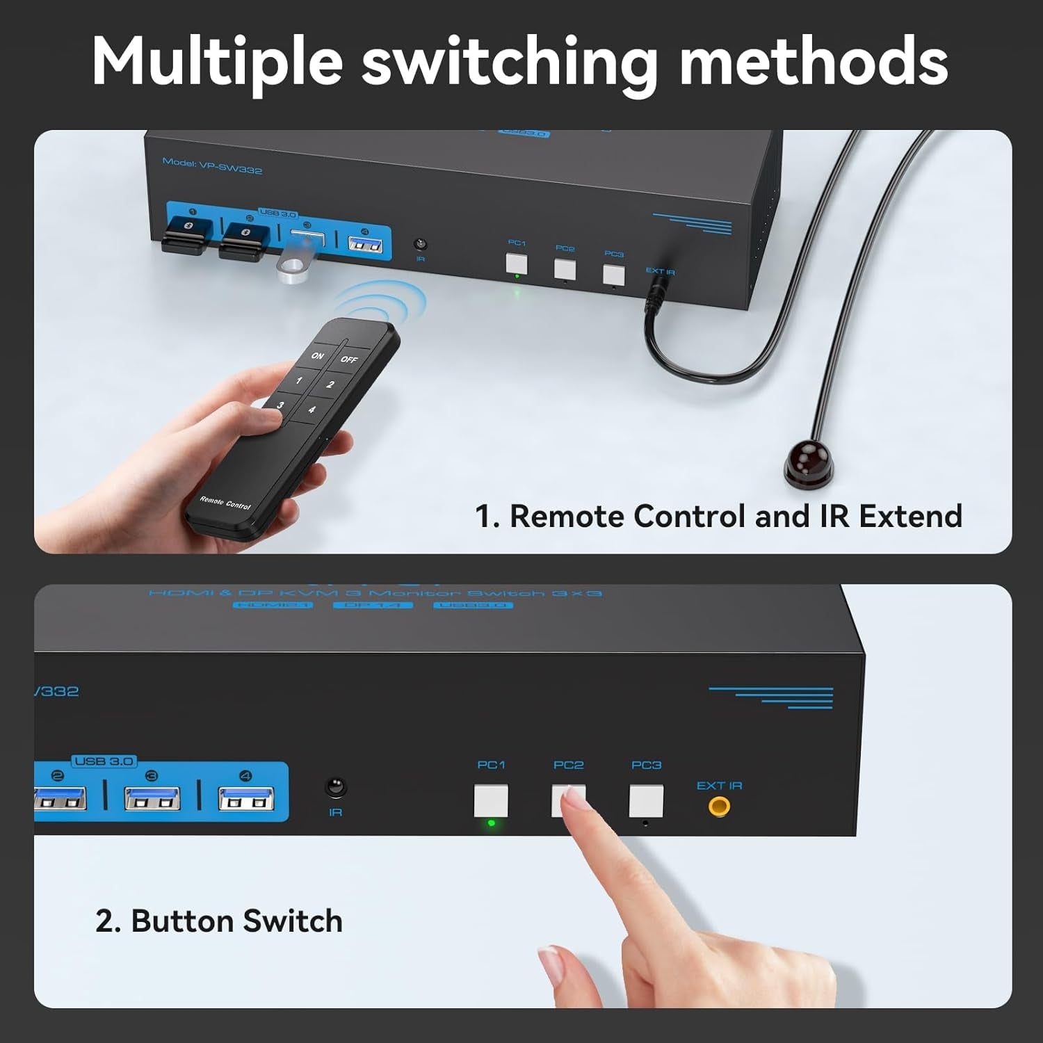 NÖRDIC KVM Switch 3 til 3, 4xUSB3.0 2xDP 1xHDMI 8K30Hz med trådløs kontroll