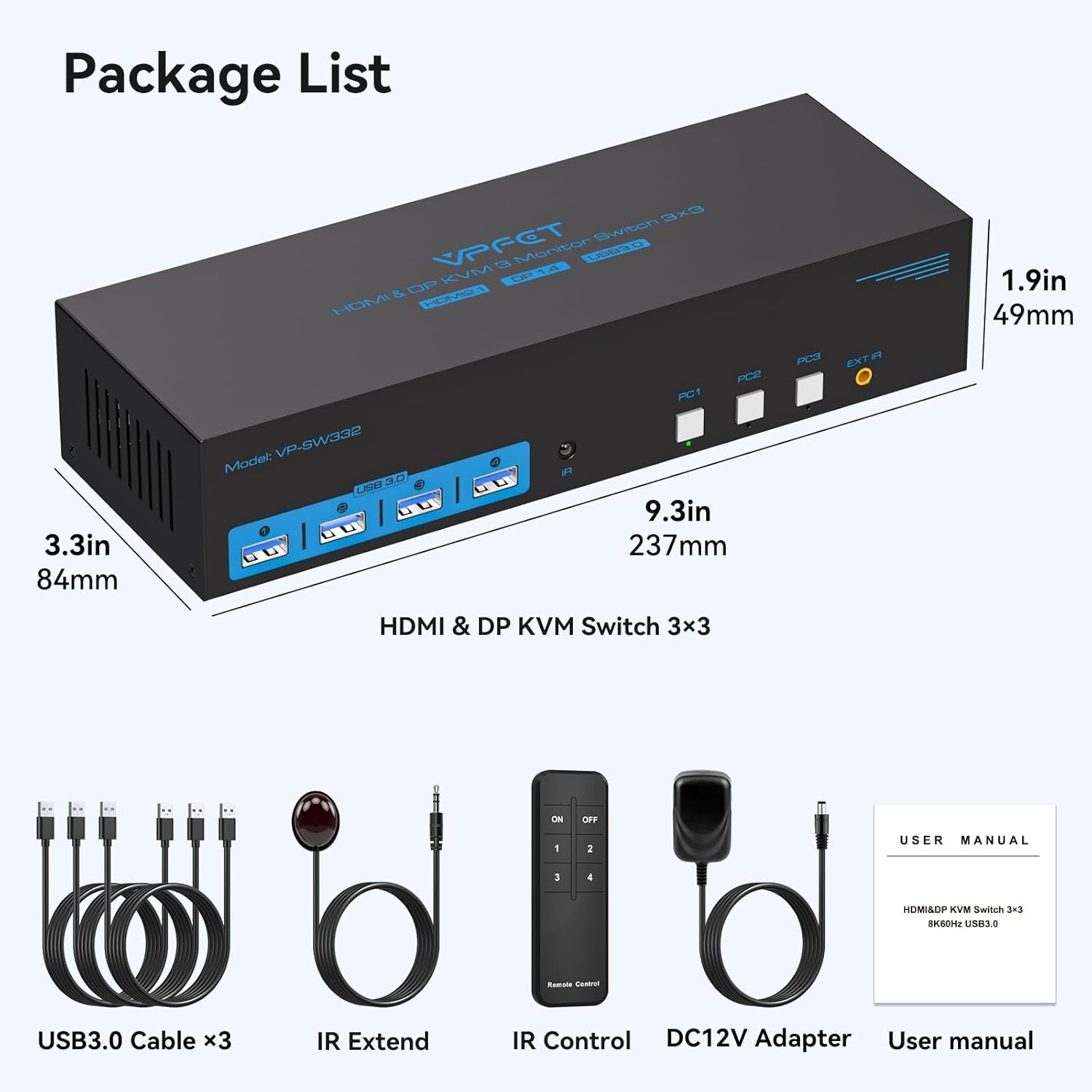 NÖRDIC KVM Switch 3 til 3, 4xUSB3.0 2xDP 1xHDMI 8K30Hz med trådløs kontroll