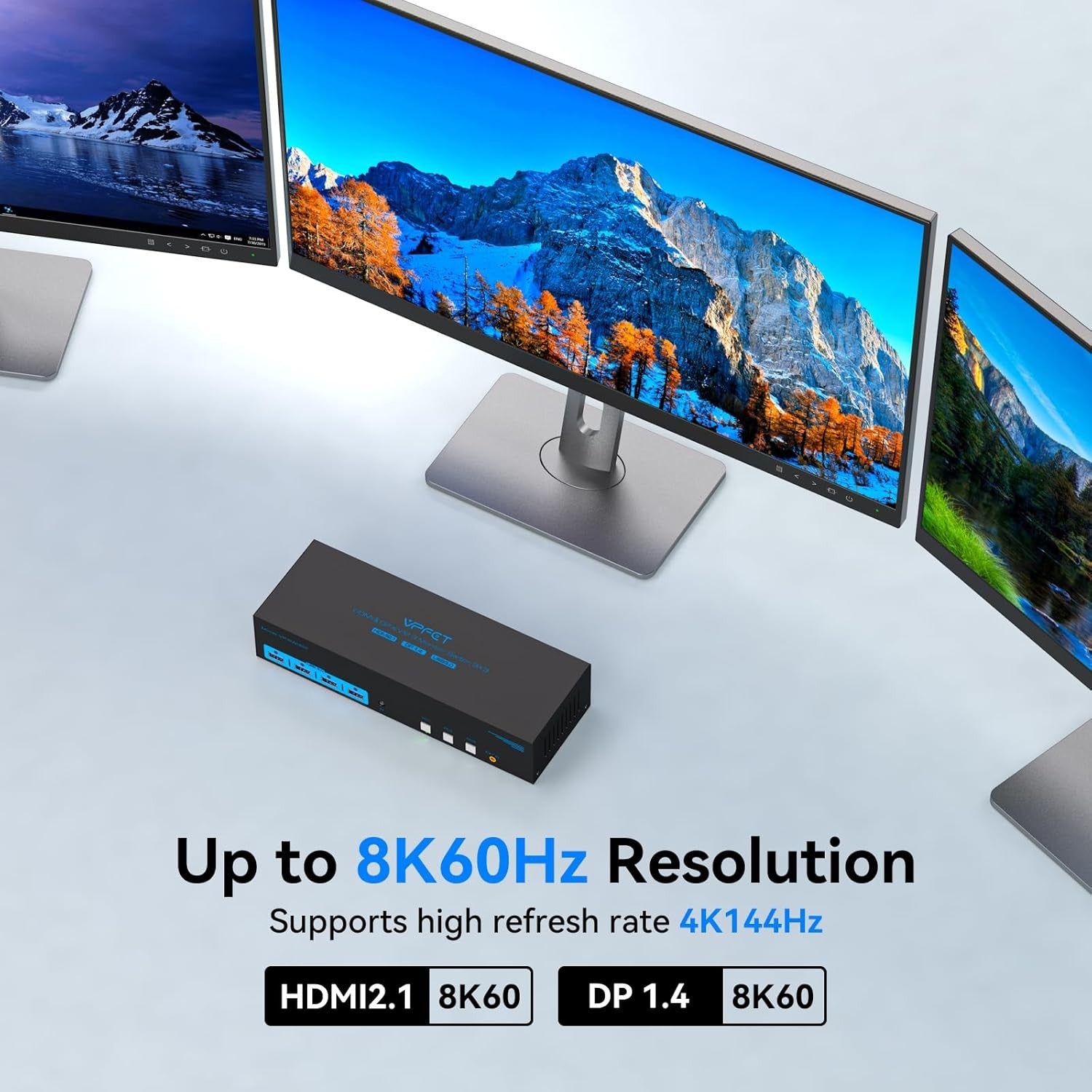 NÖRDIC KVM Switch 3 til 3, 4xUSB3.0 2xDP 1xHDMI 8K30Hz med trådløs kontroll