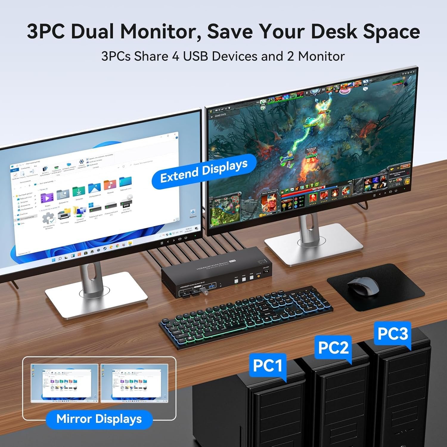 NÖRDIC KVM-svitsj 3 til 2 8K60Hz DP 1.4 HDMI 2.0 KVM USB 3.0
