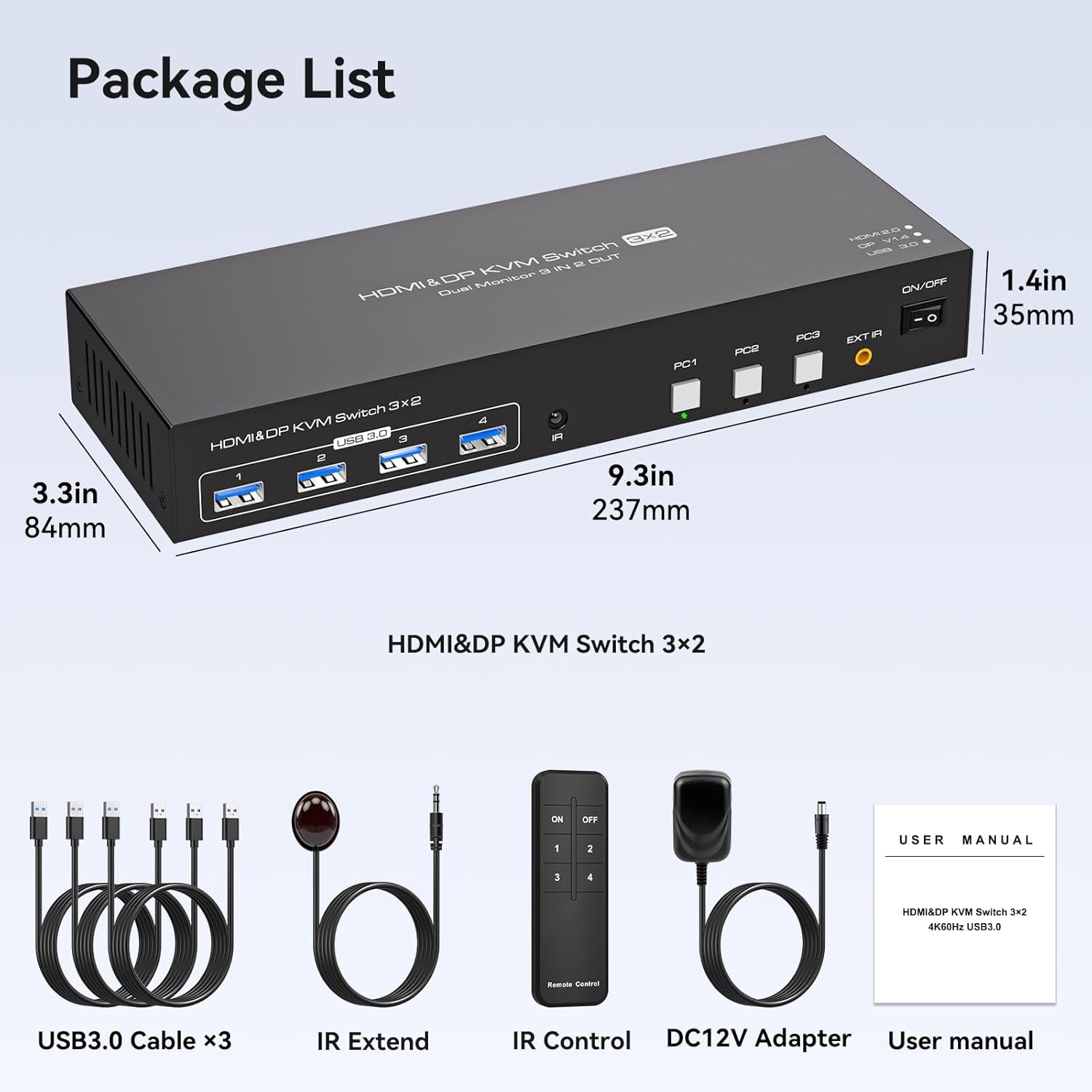 NÖRDIC KVM-svitsj 3 til 2 8K60Hz DP 1.4 HDMI 2.0 KVM USB 3.0