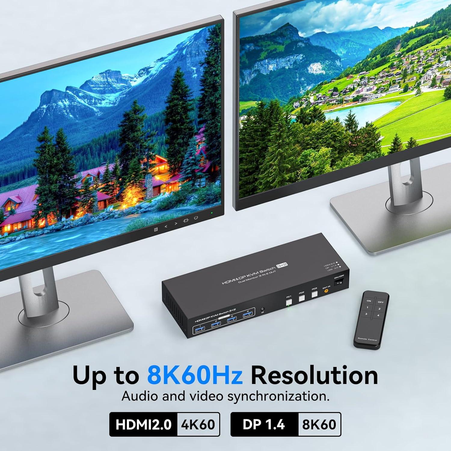 NÖRDIC KVM-svitsj 3 til 2 8K60Hz DP 1.4 HDMI 2.0 KVM USB 3.0