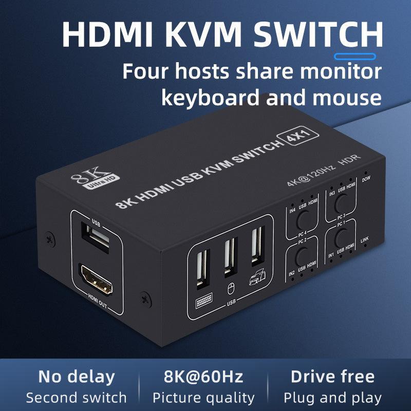 NÖRDIC KVM Switch 4 PC til 1xHDMI 8K60Hz og 4xUSB HDCP 2.2 for Xbox, PS5, Laptop