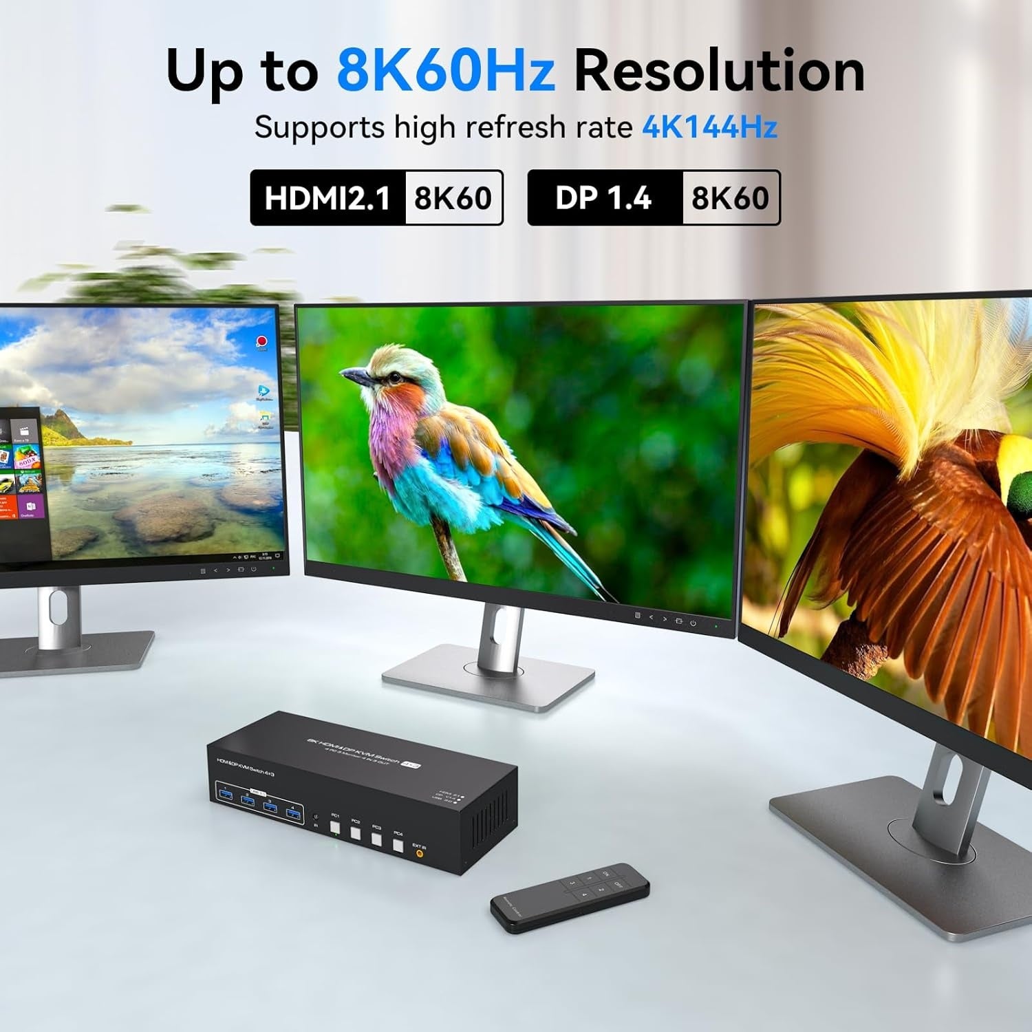 NÖRDIC KVM Switch 4 til 3, 4xUSB3.0 2xDP 1xHDMI 8K30Hz med trådløs kontroll