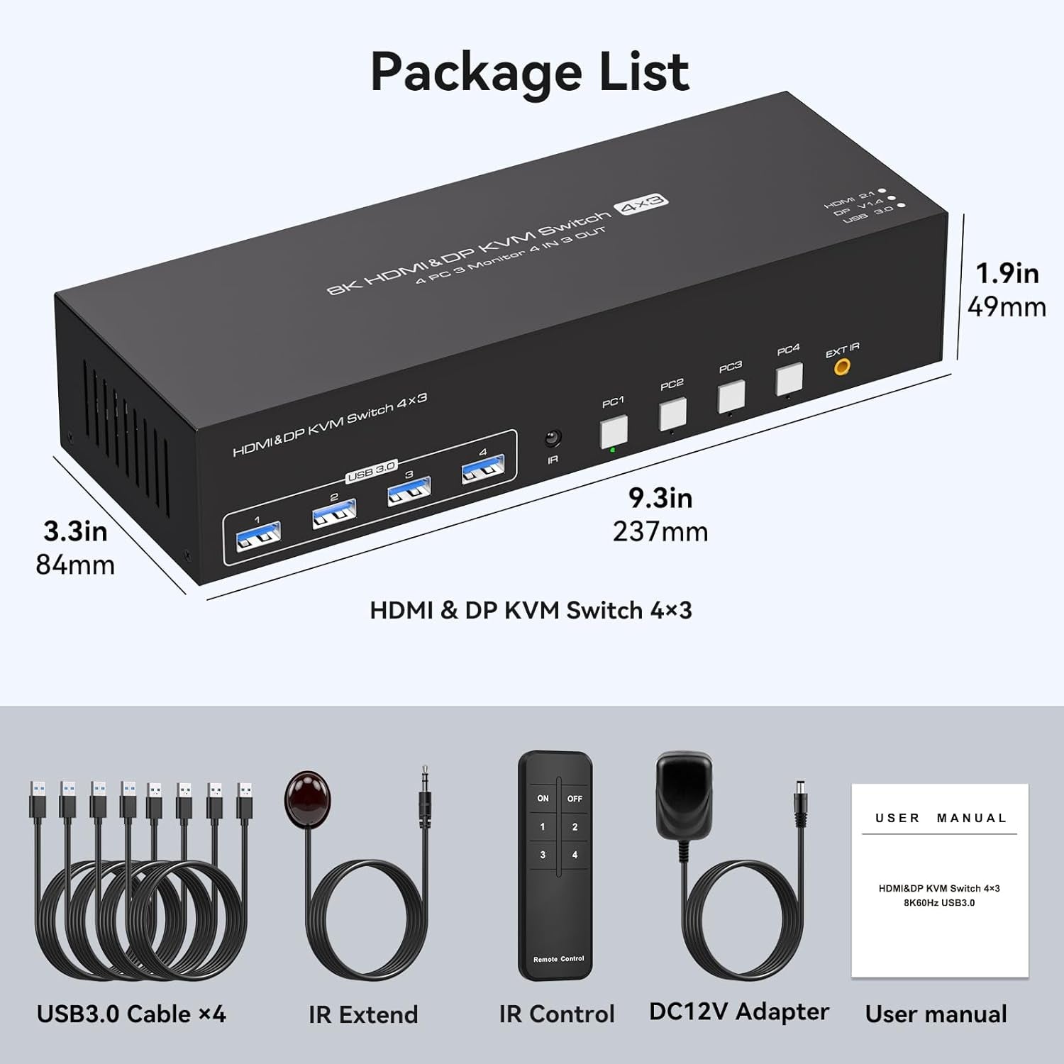 NÖRDIC KVM Switch 4 til 3, 4xUSB3.0 2xDP 1xHDMI 8K30Hz med trådløs kontroll