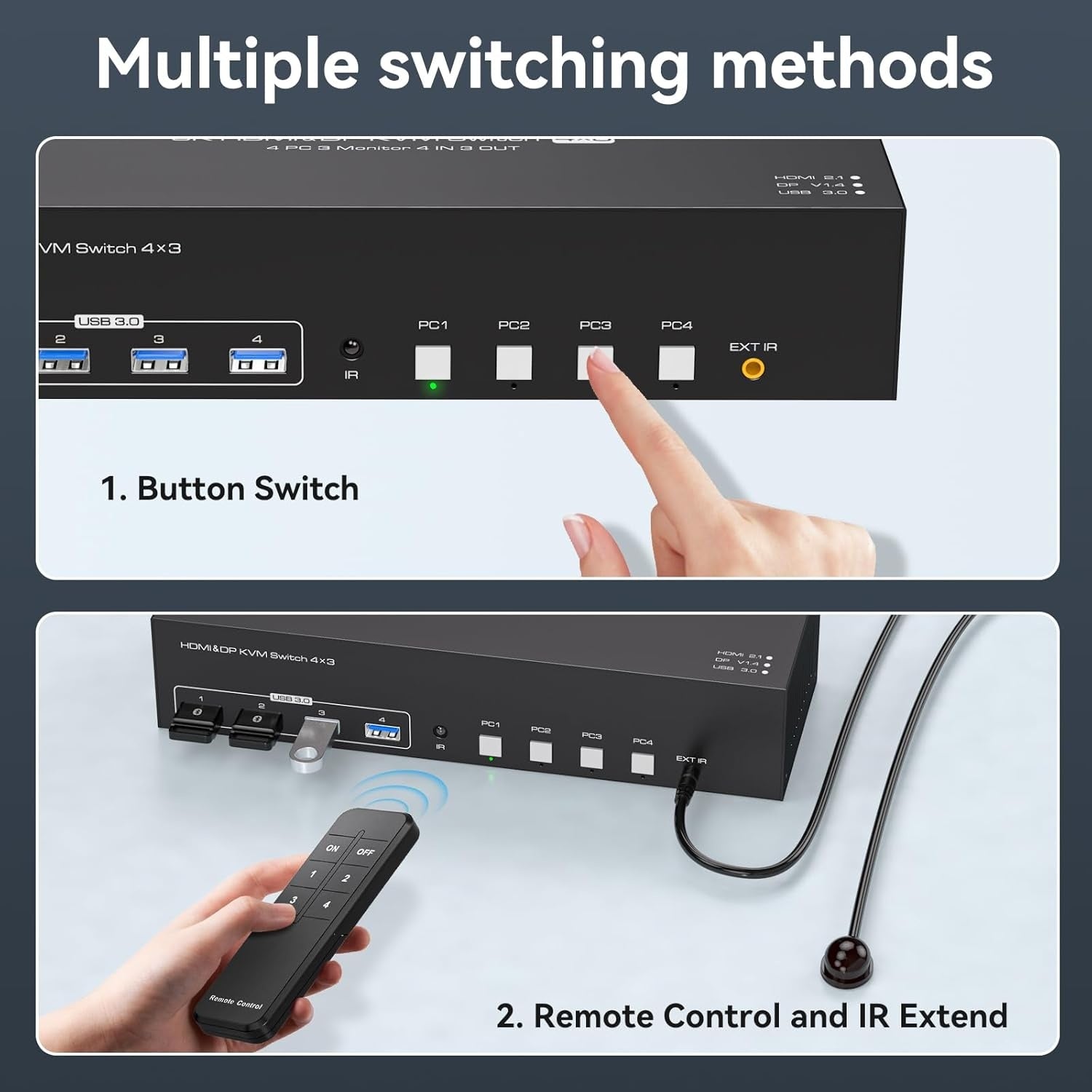 NÖRDIC KVM Switch 4 til 3, 4xUSB3.0 2xDP 1xHDMI 8K30Hz med trådløs kontroll