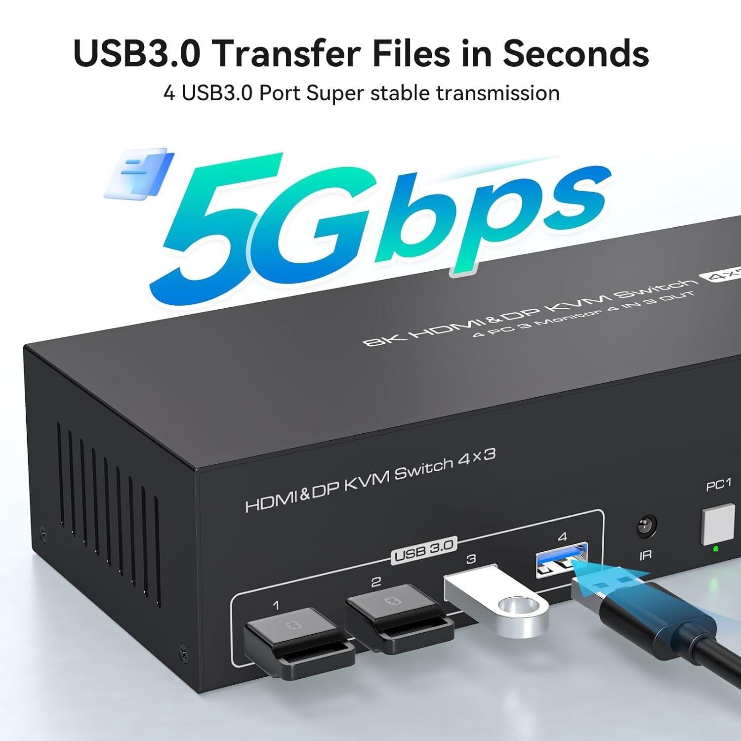 NÖRDIC KVM Switch 4 til 3, 4xUSB3.0 2xDP 1xHDMI 8K30Hz med trådløs kontroll