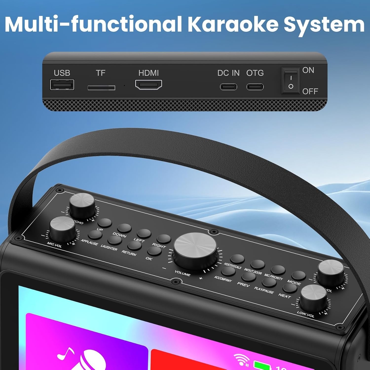 NÖRDIC Karaoke-maskin, innebygd 10,1" HD-teksts-skjerm, støtter WiFi, Bluetooth, HDMI, USB og MicroSD, med 2 trådløse mikrofoner til hjemmefest
