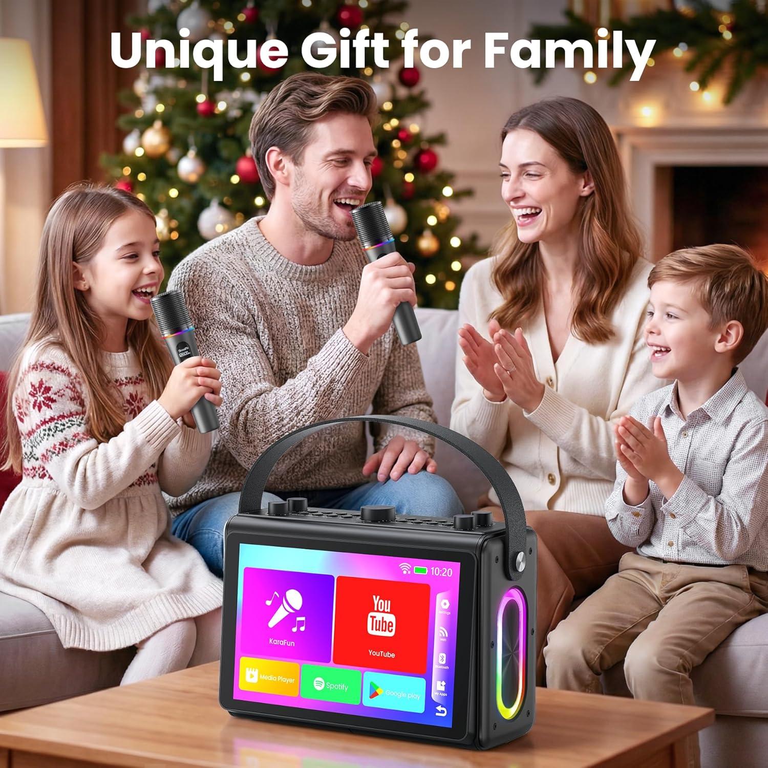 NÖRDIC Karaoke-maskin, innebygd 10,1" HD-teksts-skjerm, støtter WiFi, Bluetooth, HDMI, USB og MicroSD, med 2 trådløse mikrofoner til hjemmefest