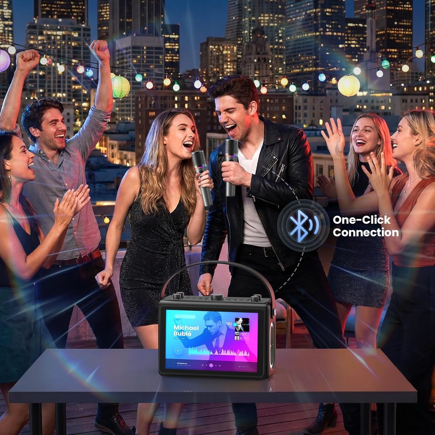 NÖRDIC Karaoke-maskin, innebygd 10,1" HD-teksts-skjerm, støtter WiFi, Bluetooth, HDMI, USB og MicroSD, med 2 trådløse mikrofoner til hjemmefest