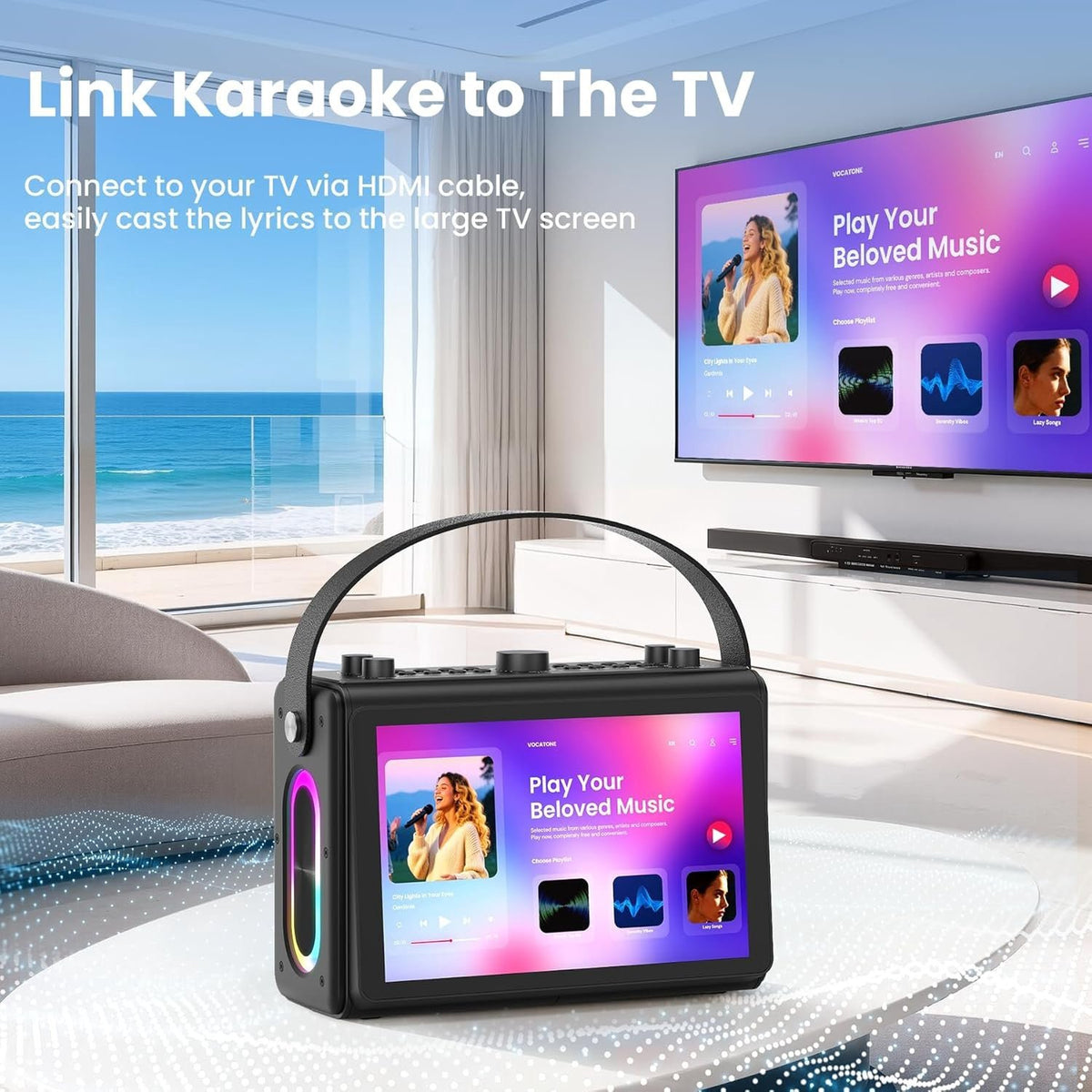 NÖRDIC Karaoke-maskin, innebygd 10,1" HD-teksts-skjerm, støtter WiFi, Bluetooth, HDMI, USB og MicroSD, med 2 trådløse mikrofoner til hjemmefest