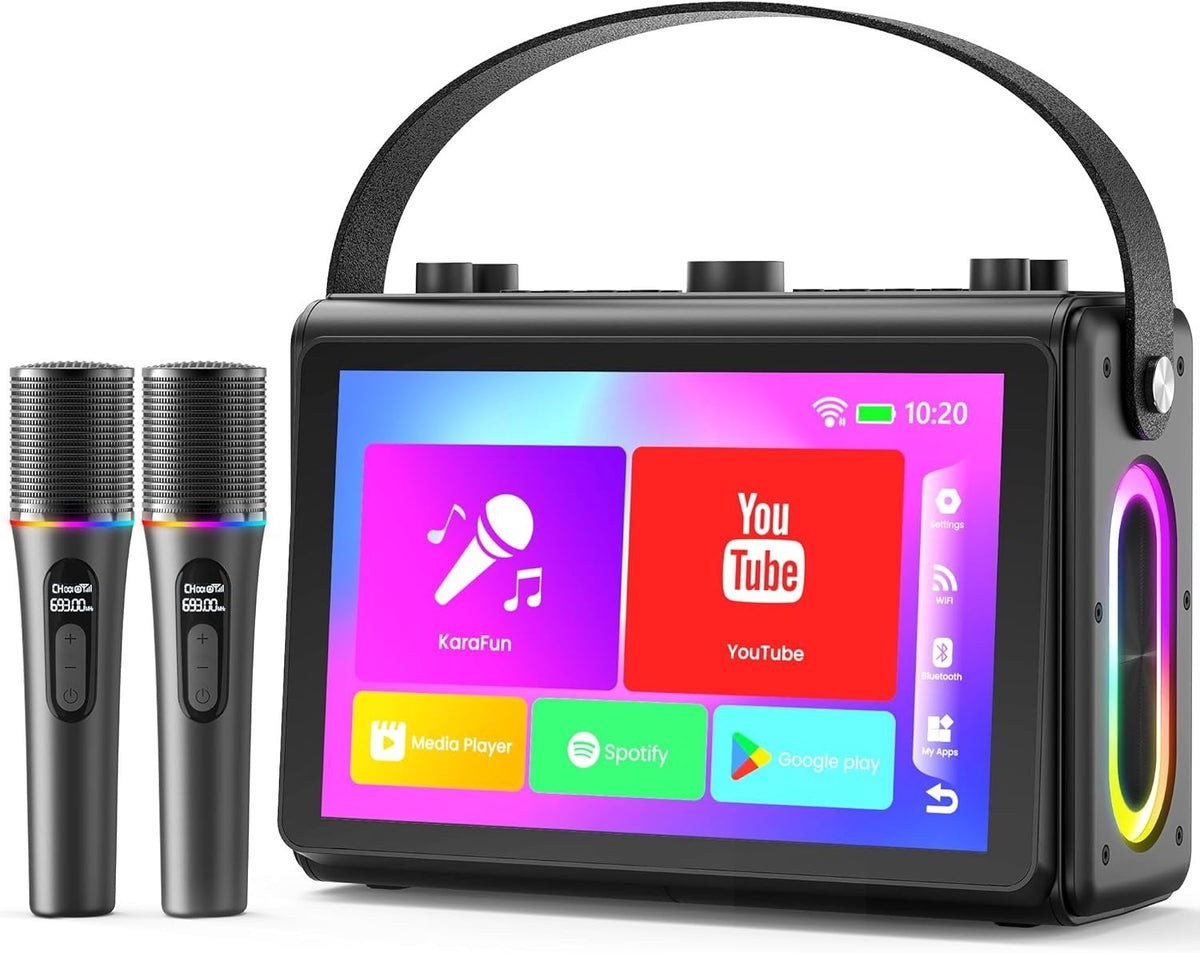 NÖRDIC Karaoke-maskin, innebygd 10,1" HD-teksts-skjerm, støtter WiFi, Bluetooth, HDMI, USB og MicroSD, med 2 trådløse mikrofoner til hjemmefest
