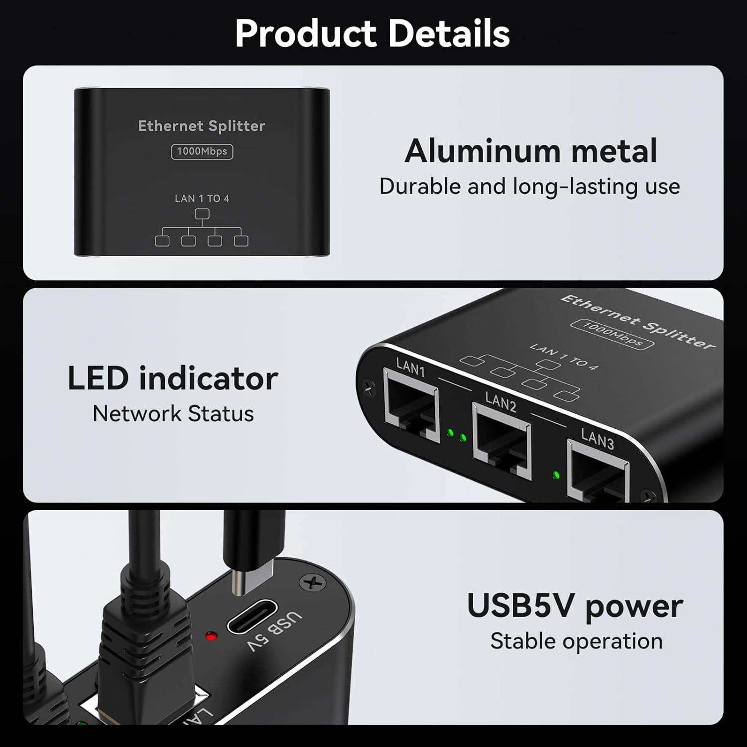 NÖRDIC LAN-splitter 1 til 4 1000 Mbps Gigabit Ethernet for datamaskin, laptop, switch, hub, ruter, digital-TV