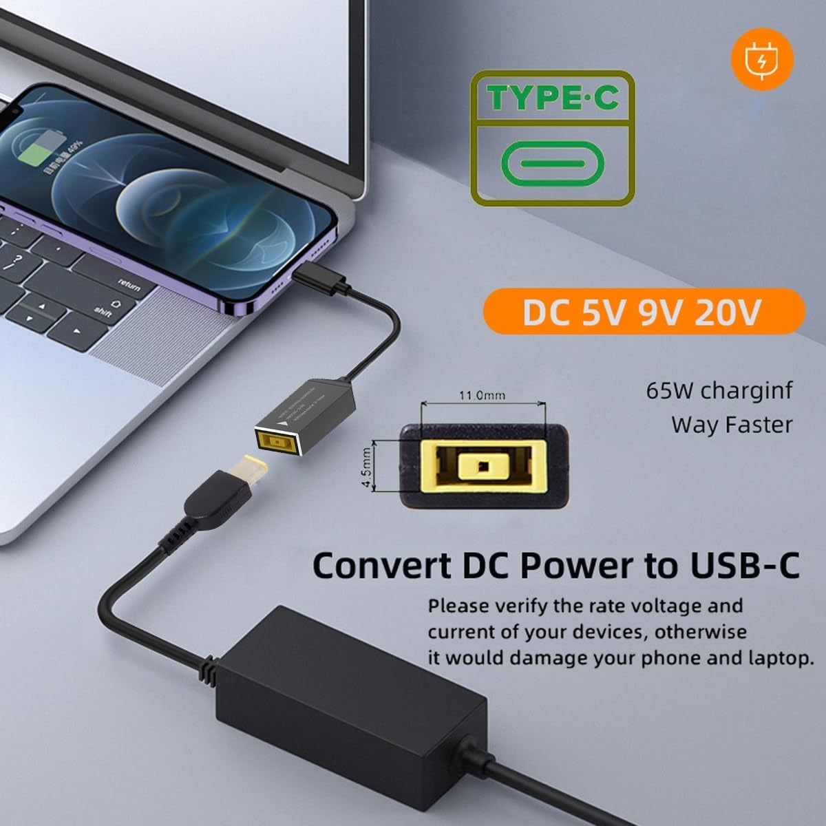 NÖRDIC Lenovo Square Yellow til USB-C-adapter 17cm 65W