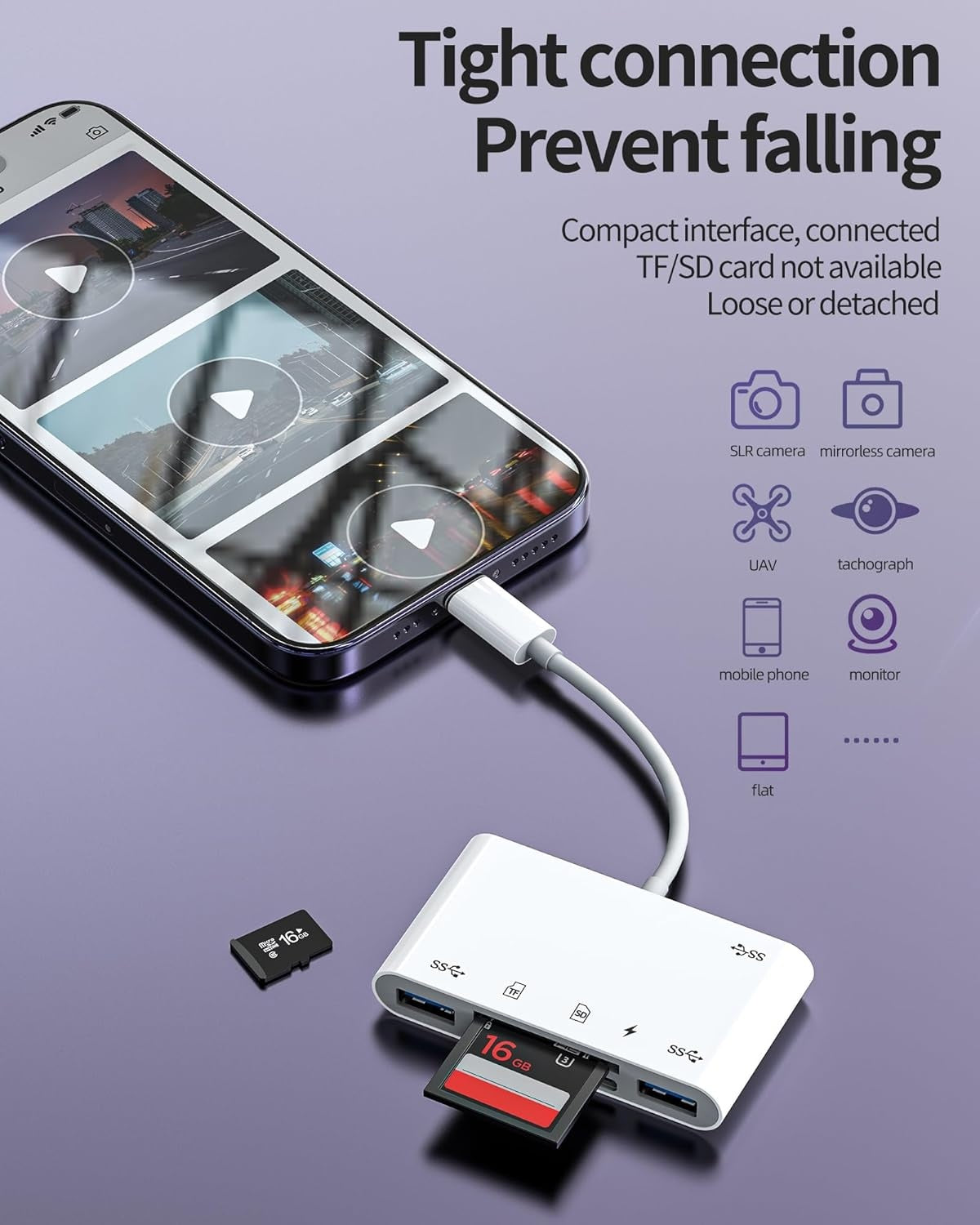 NÖRDIC Lightning Kortleser 2 Slot SD, MicroSD 3xUSB-A 1xLightning-lading UHS-I