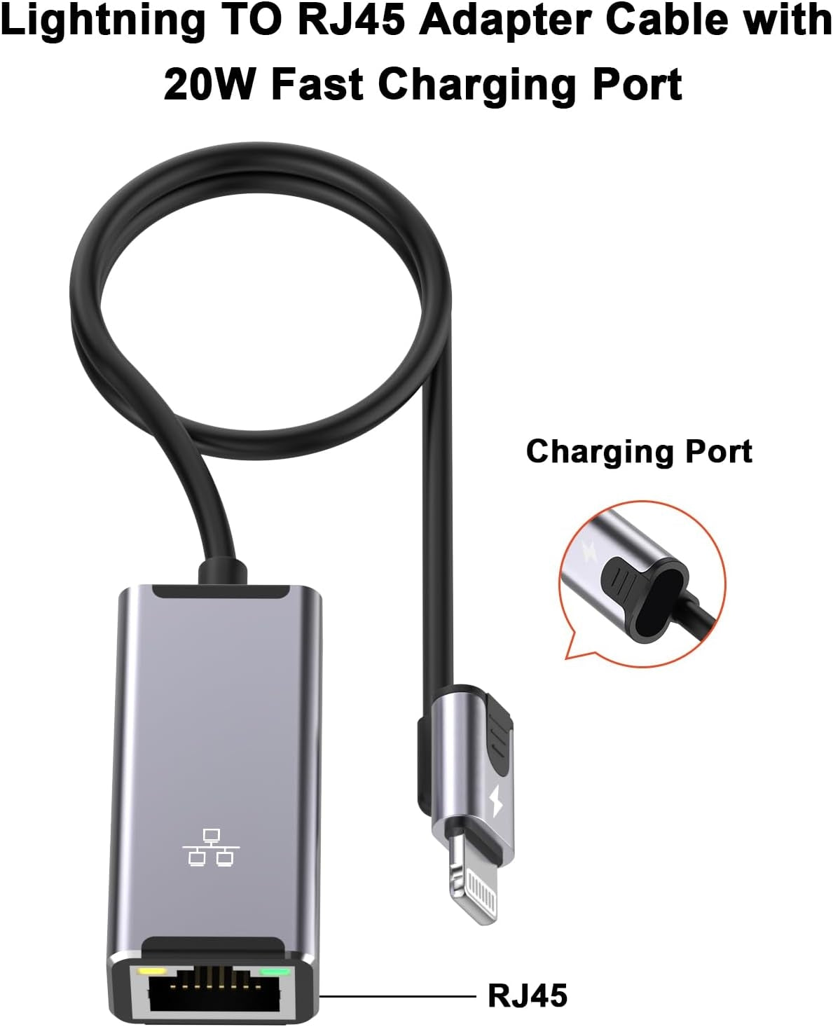 NÖRDIC Lightning til Ethernet-nettverksadapter med 20W ladeport for iPhone/iPad, RJ45 Plug & Play, støtter 100Mbps, 50cm