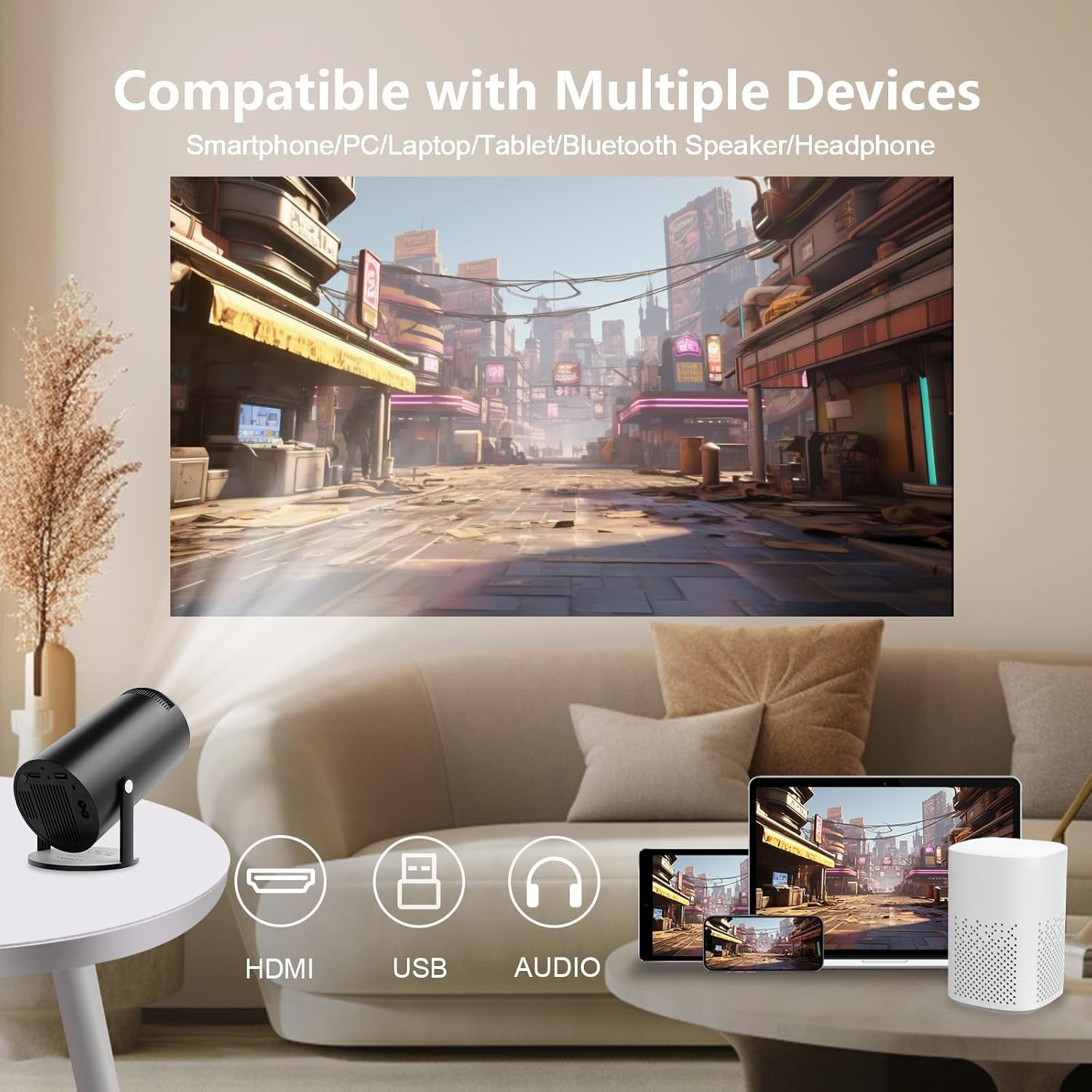 NÖRDIC Mini Portable Projector – 720p HD-støtte, Android 11, WiFi 6, BT 5.0, 180° rotasjon, hjemmekinoprojektor