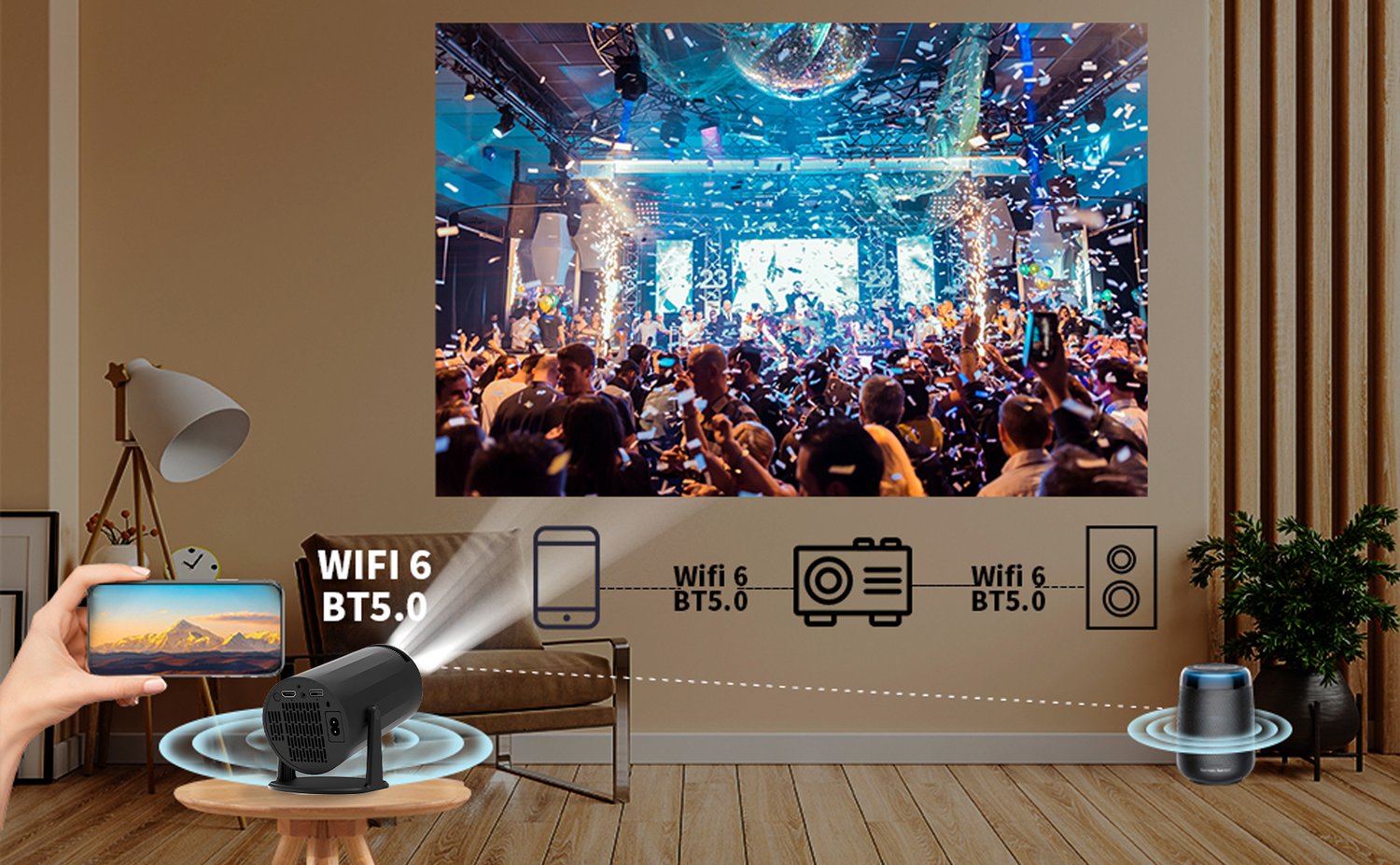 NÖRDIC Mini Portable Projector – 720p HD-støtte, Android 11, WiFi 6, BT 5.0, 180° rotasjon, hjemmekinoprojektor